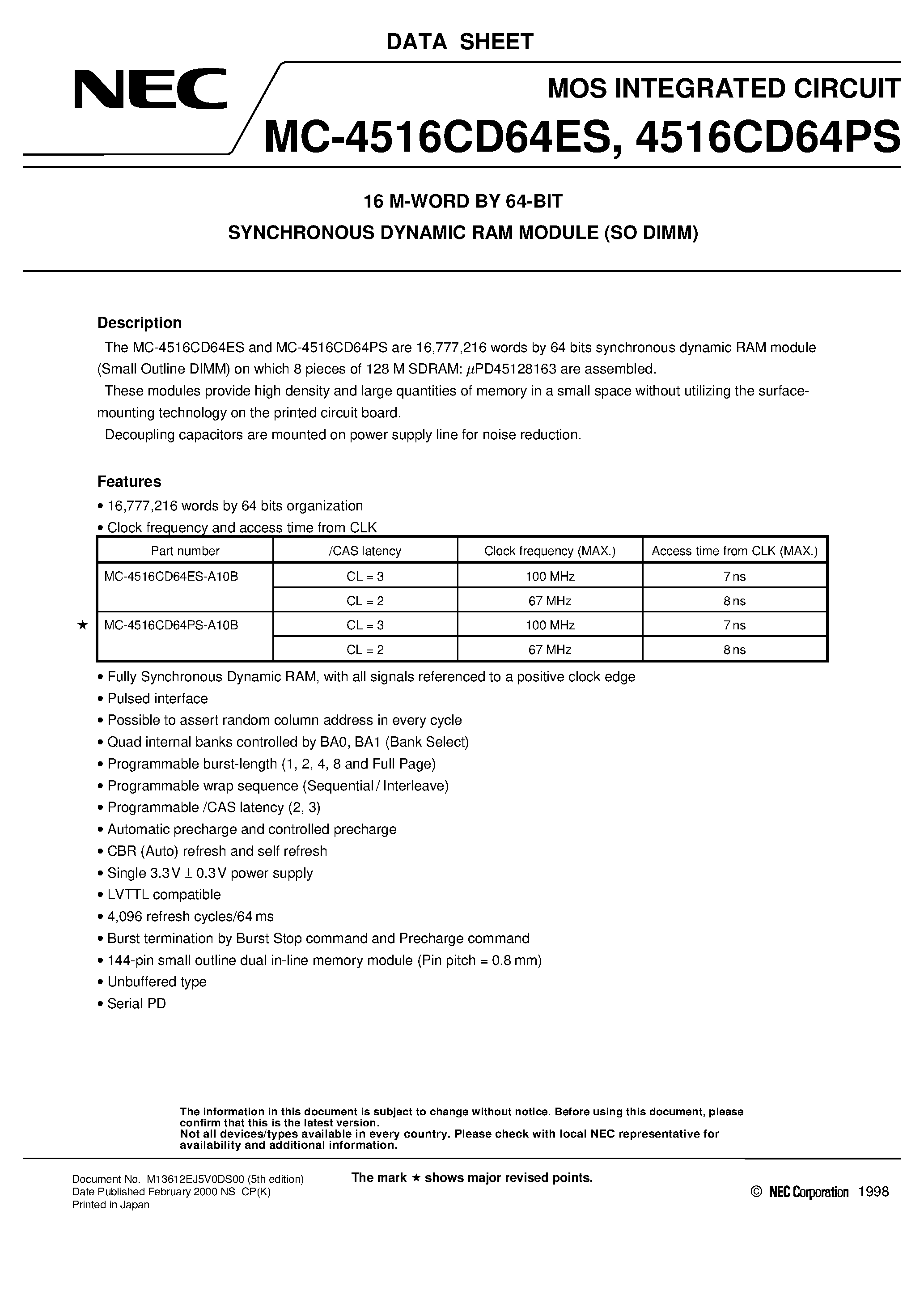 Datasheet MC-4516CD64ES - 16 M-WORD BY 64-BIT SYNCHRONOUS DYNAMIC RAM MODULE SO DIMM page 1