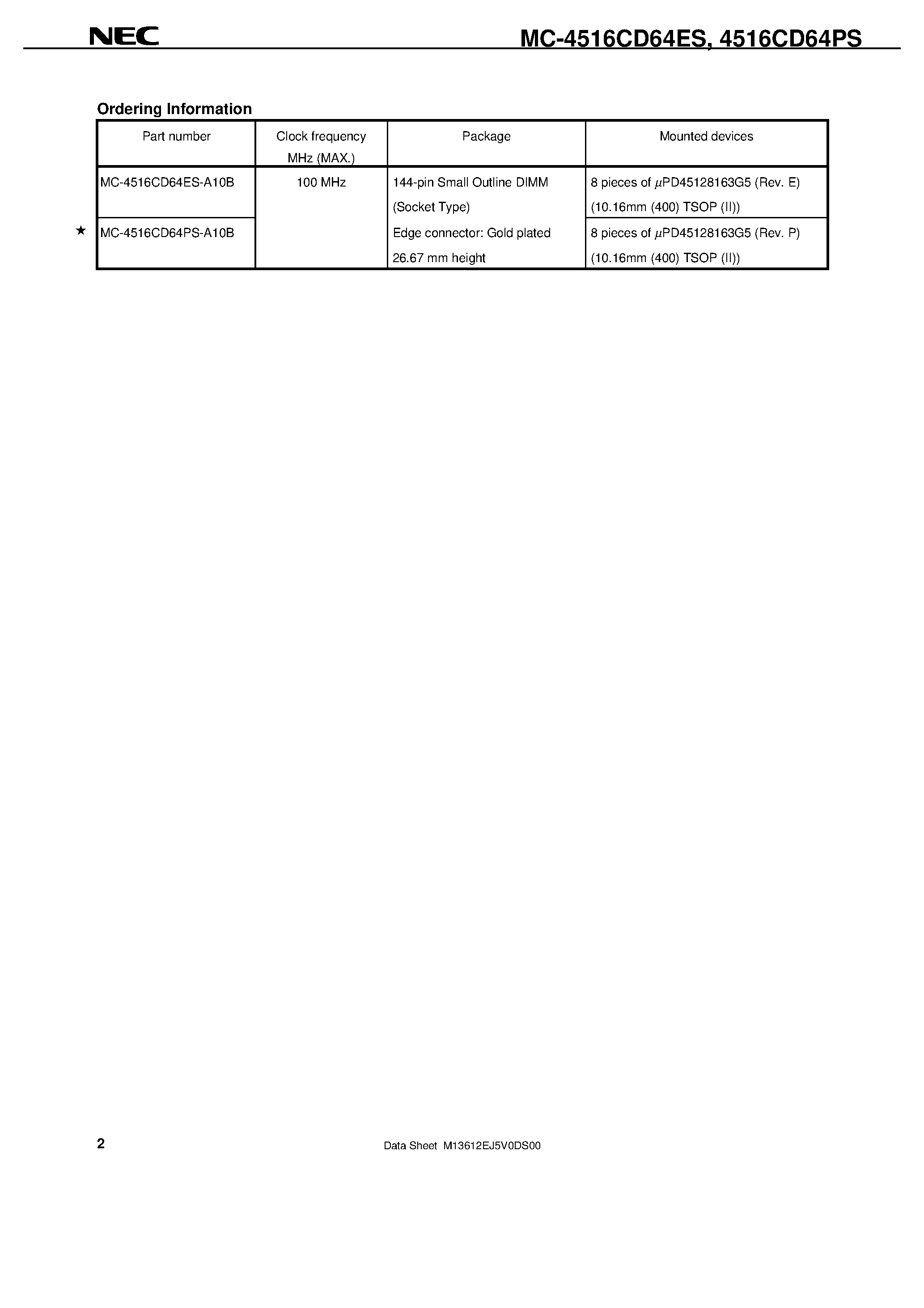 Datasheet MC-4516CD64ES - 16 M-WORD BY 64-BIT SYNCHRONOUS DYNAMIC RAM MODULE SO DIMM page 2