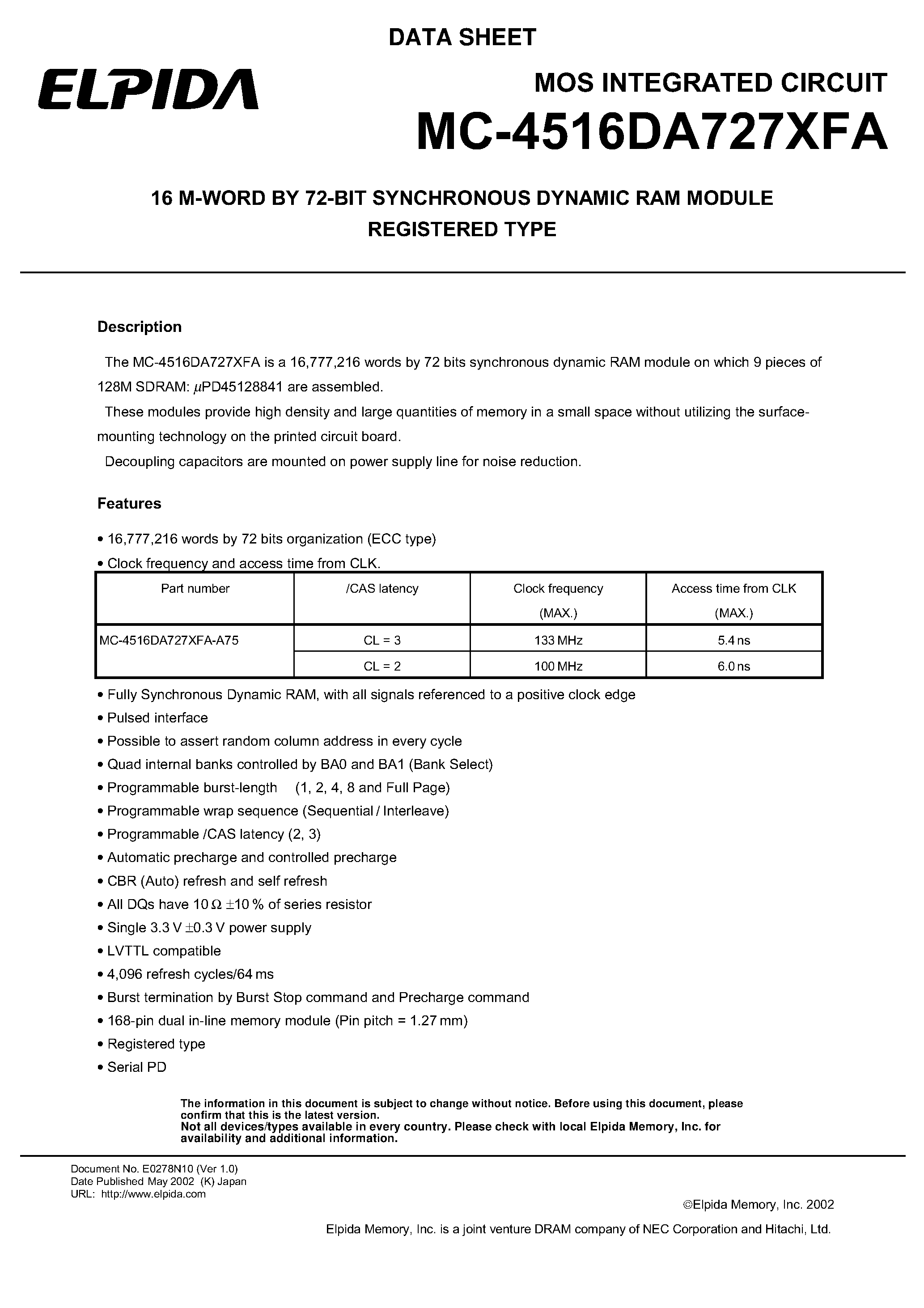 Datasheet MC-4516DA727XFA - 16 M-WORD BY 72-BIT SYNCHRONOUS DYNAMIC RAM MODULE REGISTERED TYPE page 1