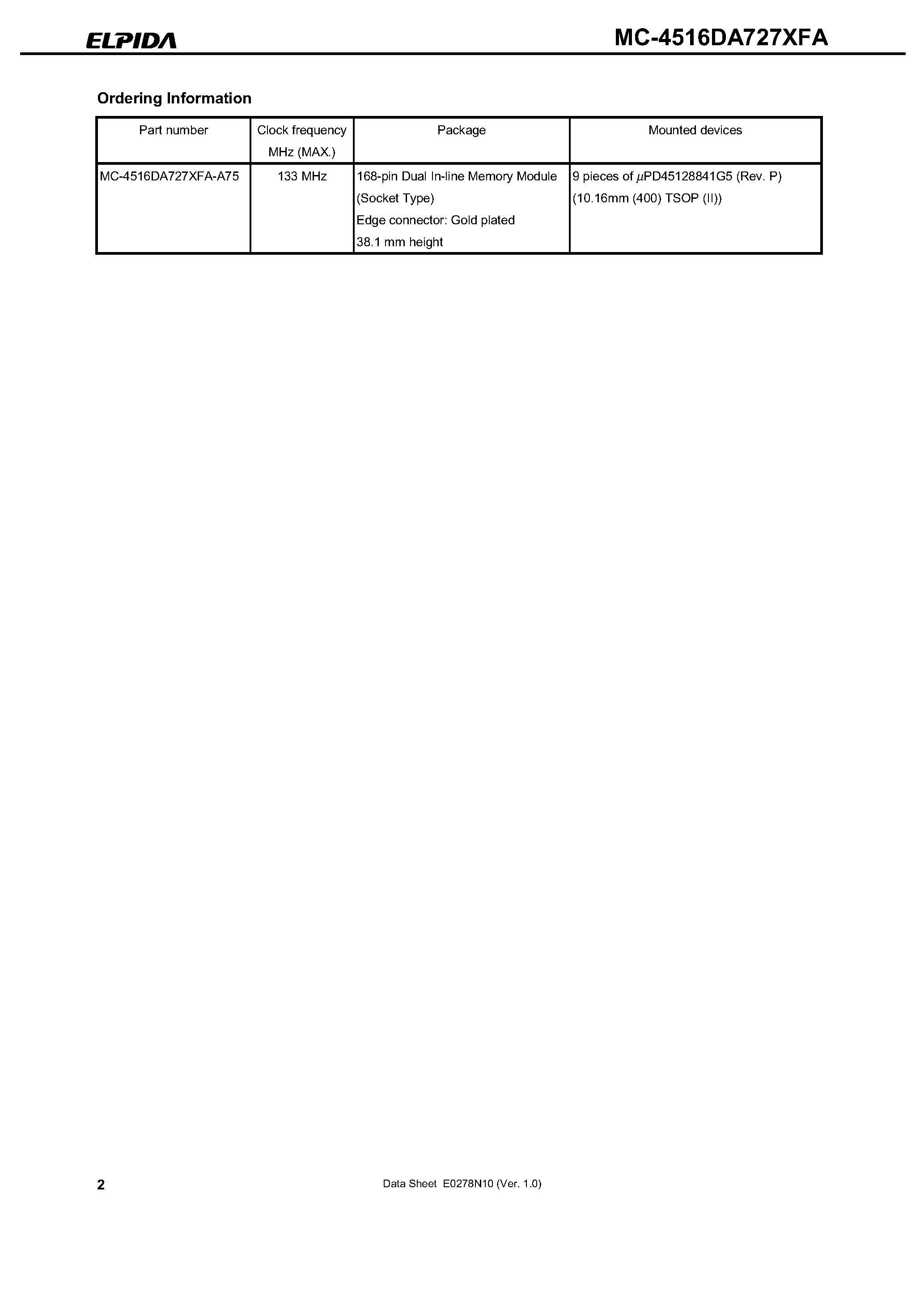 Даташит MC-4516DA727XFA-A75 - 16 M-WORD BY 72-BIT SYNCHRONOUS DYNAMIC RAM MODULE REGISTERED TYPE страница 2