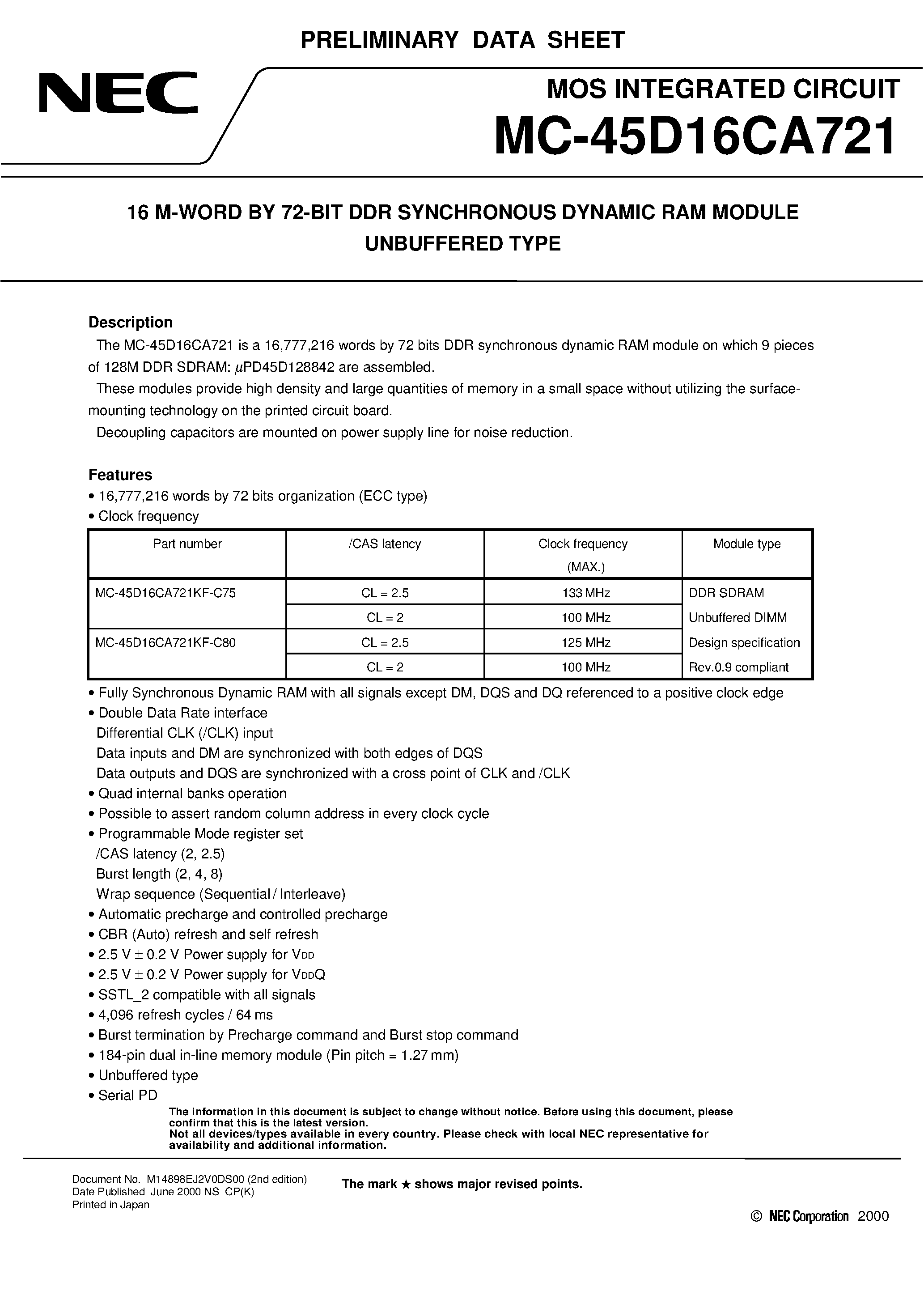 Datasheet MC-45D16CA721 - 16 M-WORD BY 72-BIT DDR SYNCHRONOUS DYNAMIC RAM MODULE UNBUFFERED TYPE page 1