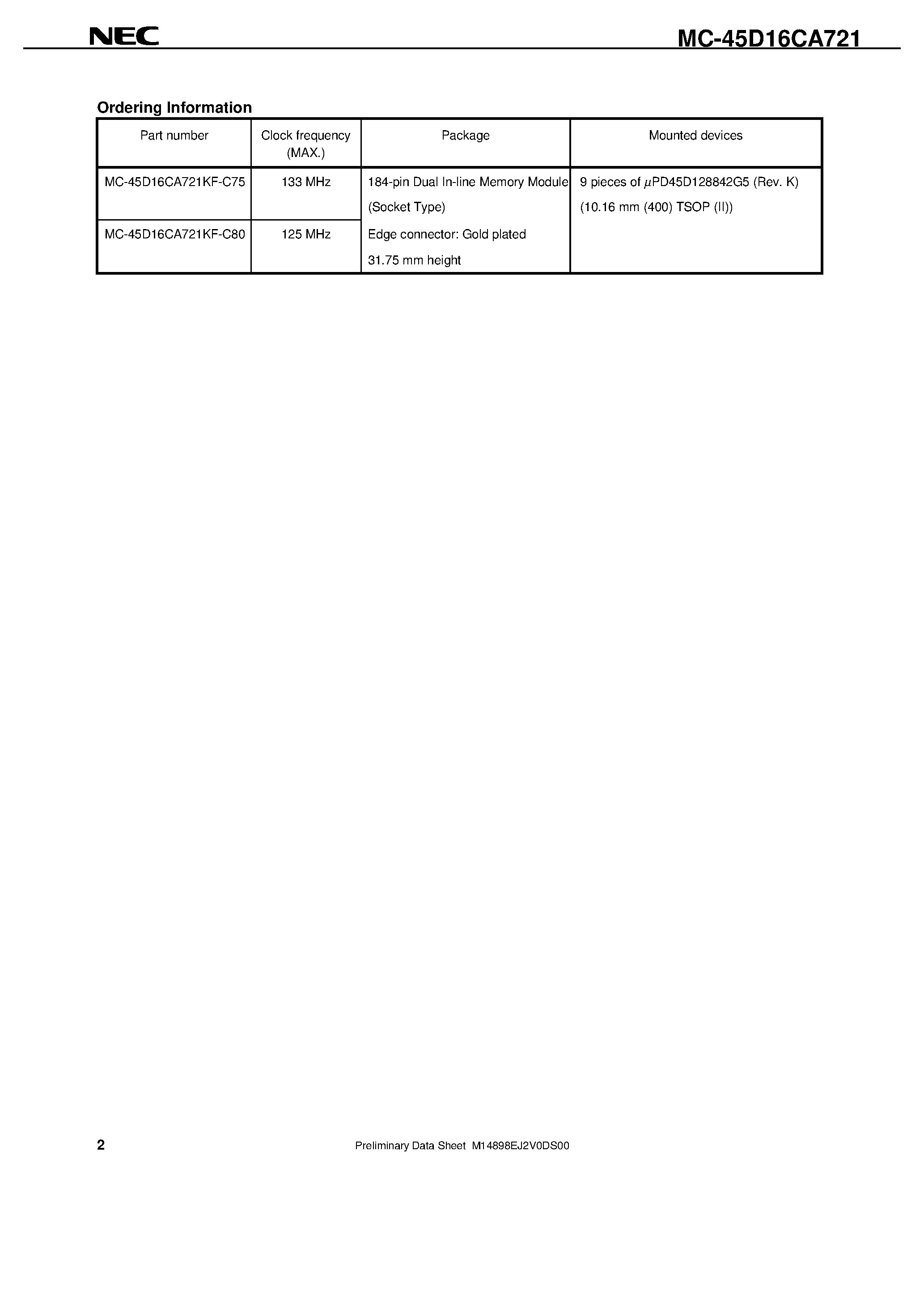 Datasheet MC-45D16CA721 - 16 M-WORD BY 72-BIT DDR SYNCHRONOUS DYNAMIC RAM MODULE UNBUFFERED TYPE page 2