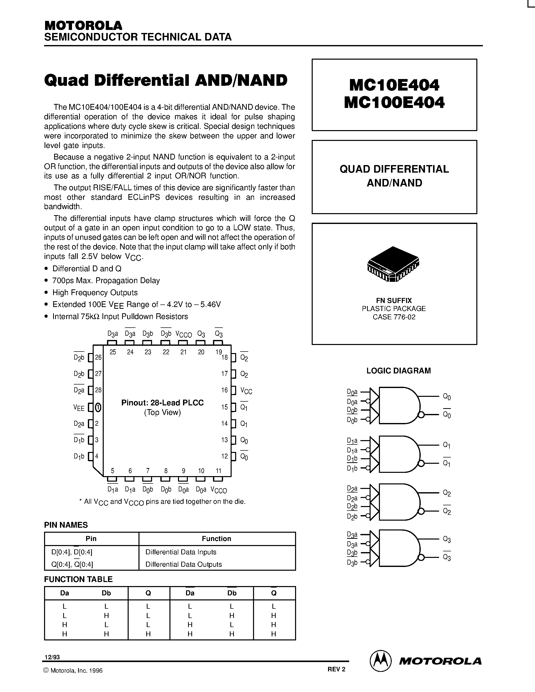 Datasheet MC100E404FN - QUAD DIFFERENTIAL AND/NAND page 1