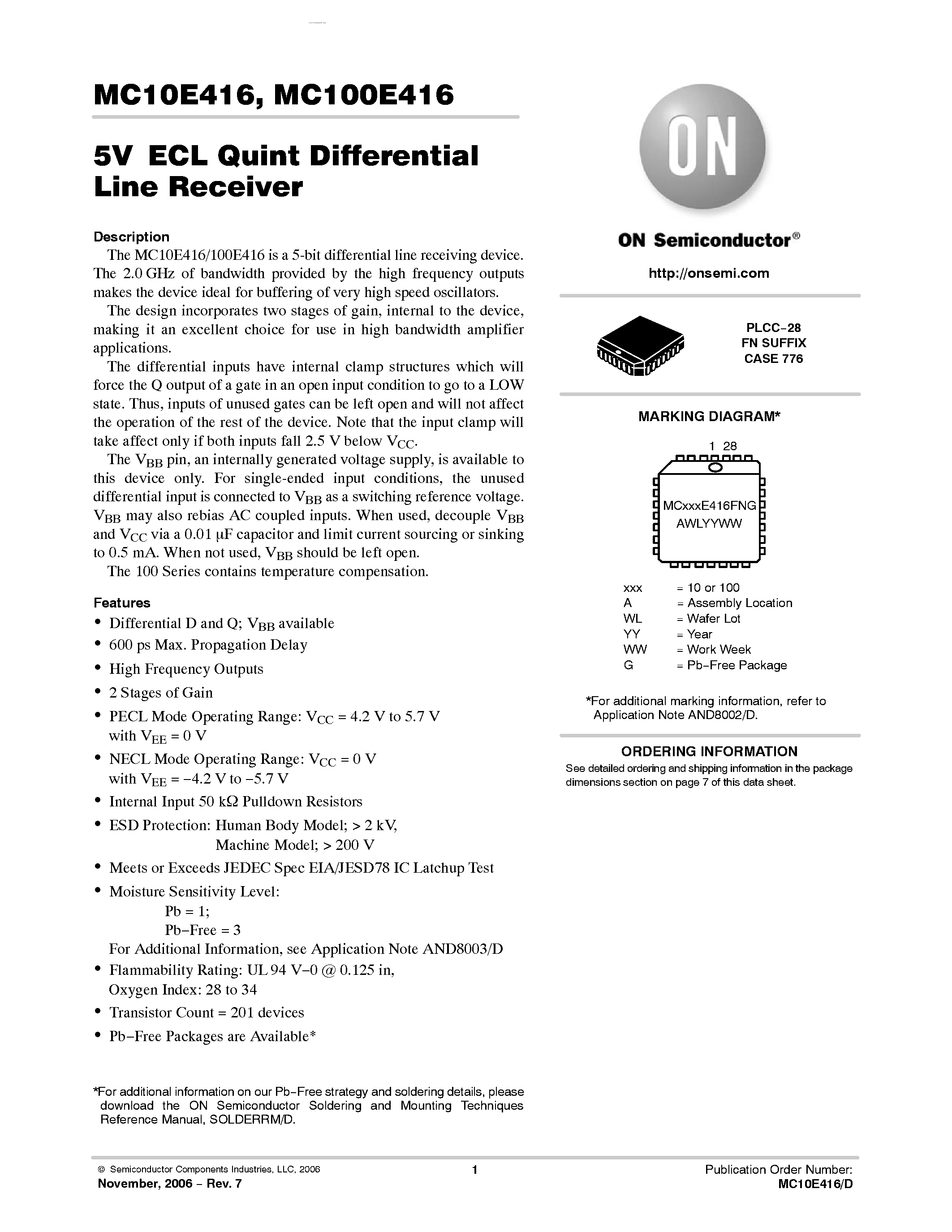 Datasheet MC100E416 - QUINT DIFFERENTIAL LINE RECEIVER page 1