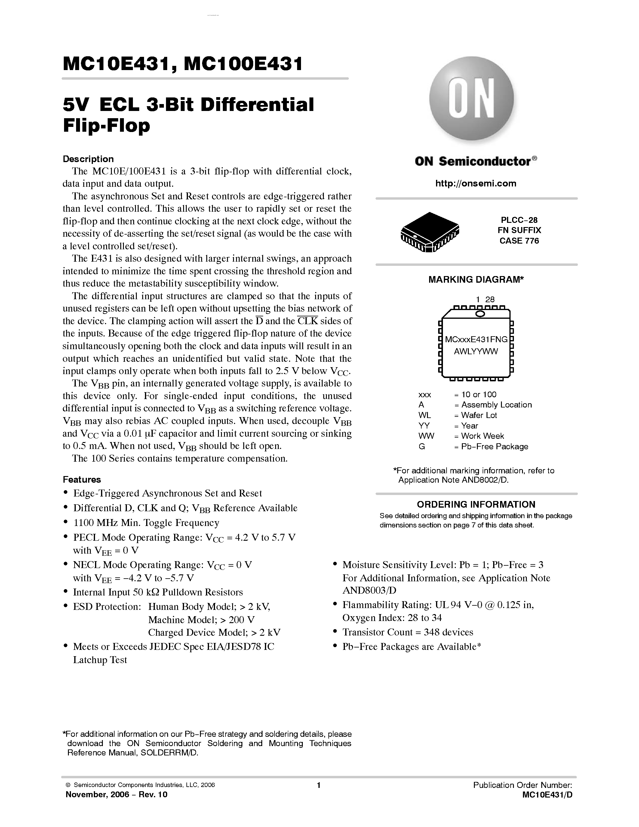 Datasheet MC100E431 - 3-BIT DIFFERENTIAL FLIP-FLOP page 1