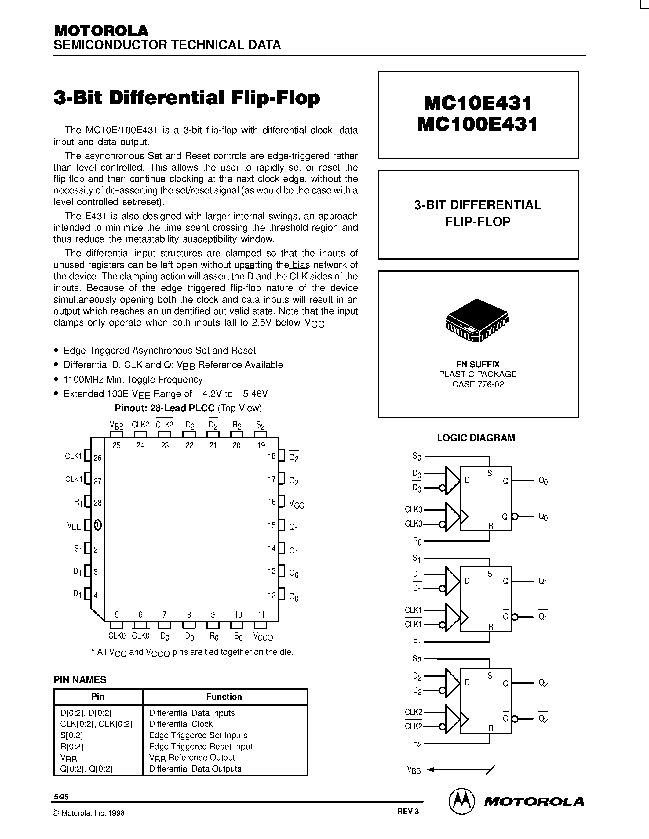 Datasheet MC100E431FN - 3-BIT DIFFERENTIAL FLIP-FLOP page 1