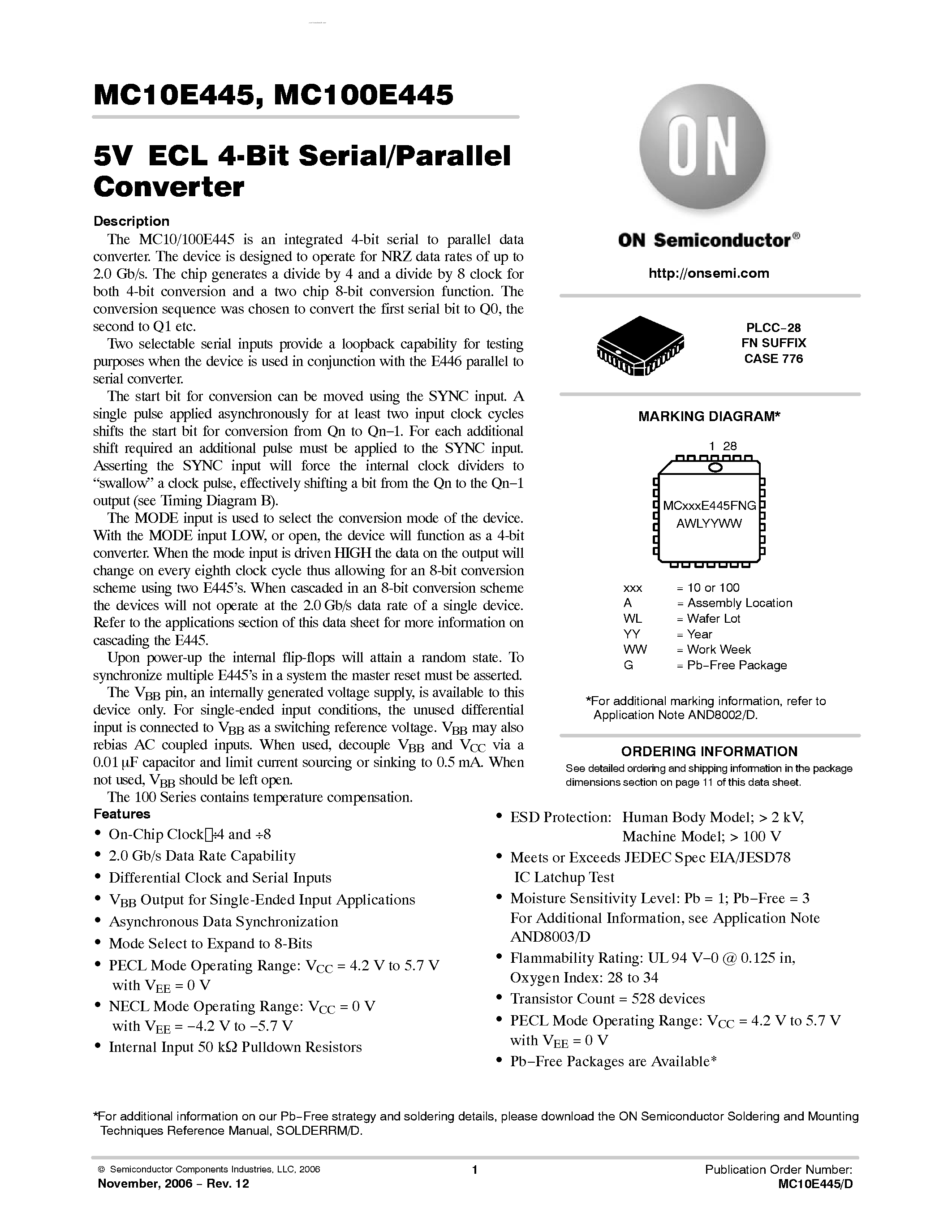 Datasheet MC100E445 - 4-BIT SERIAL/ PARALLEL CONVERTER page 1