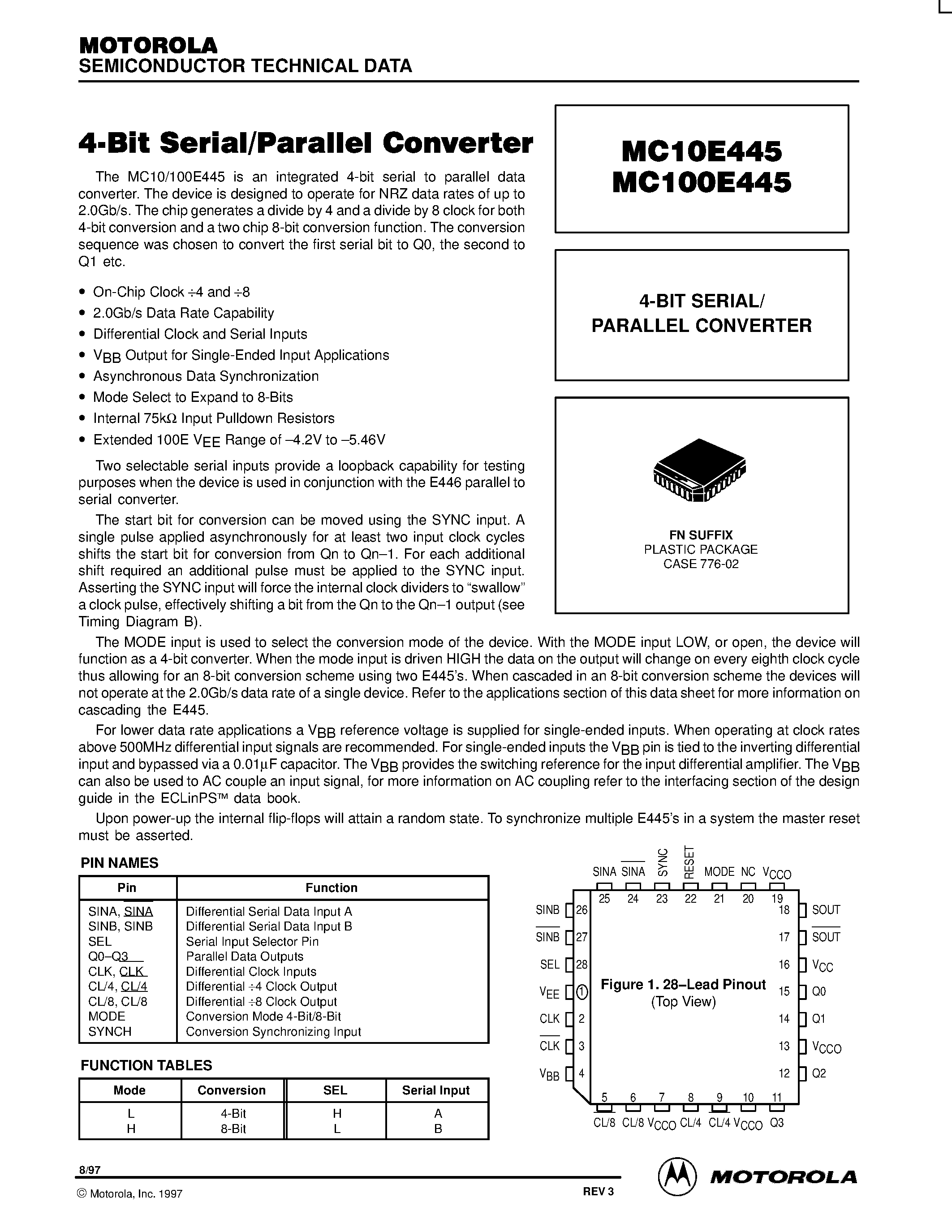 Datasheet MC100E445FN - 4-BIT SERIAL/ PARALLEL CONVERTER page 1