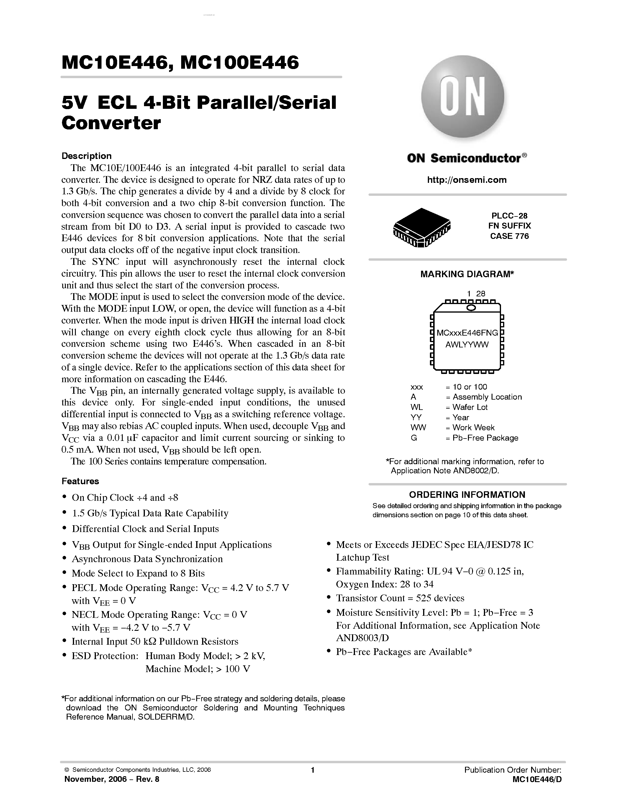 Datasheet MC100E446 - 4-BIT PARALLEL/ SERIAL CONVERTER page 1