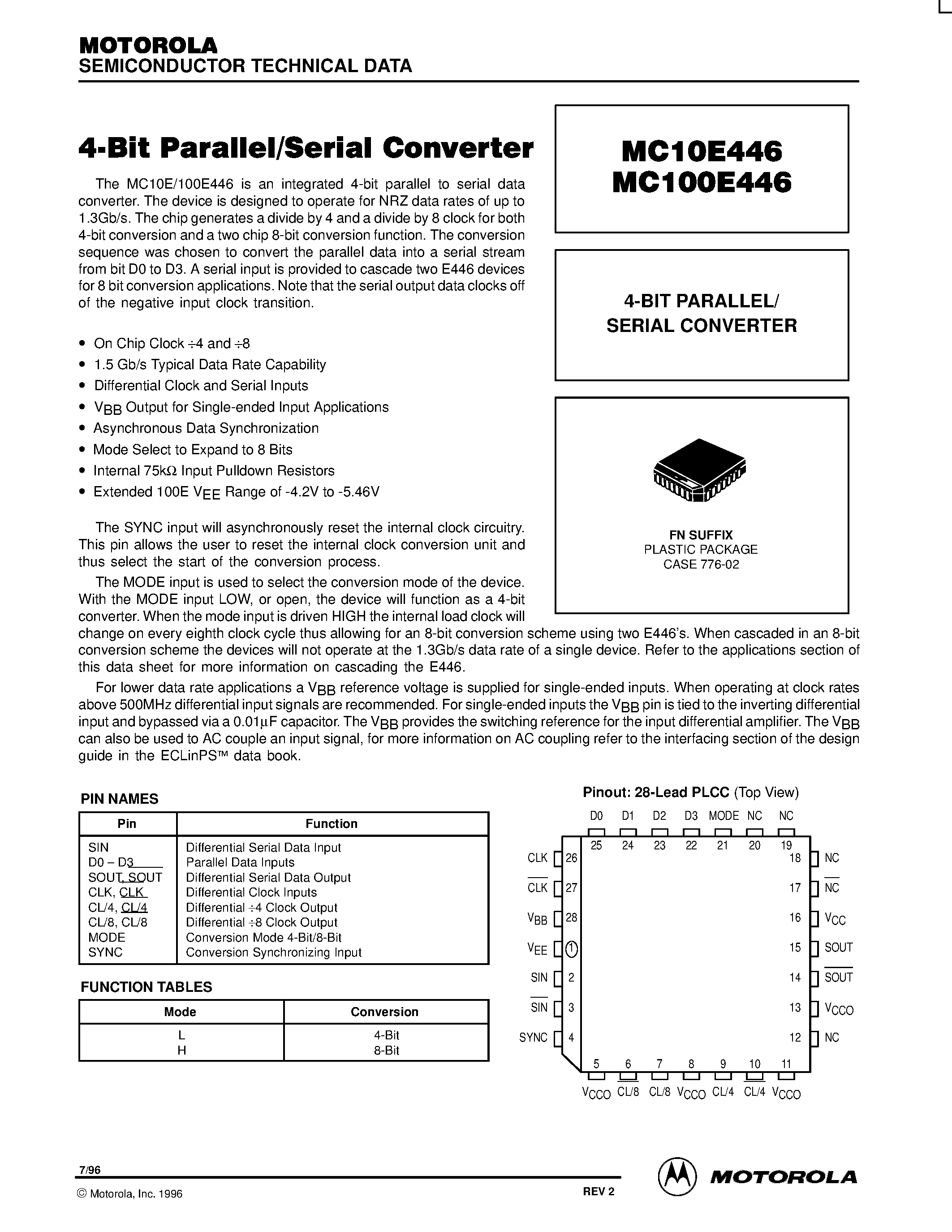 Datasheet MC100E446FN - 4-BIT PARALLEL/ SERIAL CONVERTER page 1