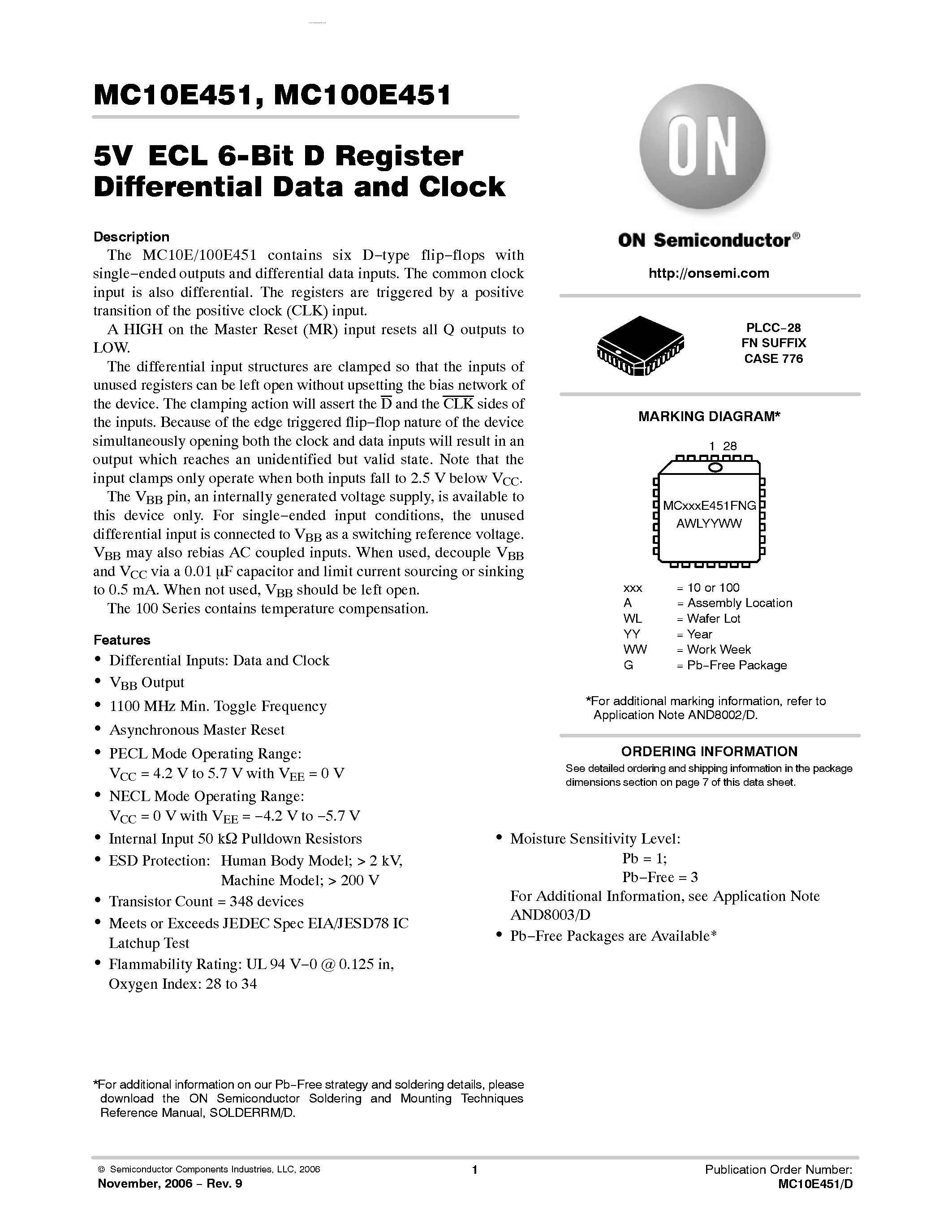 Datasheet MC100E451 - 6-BIT D REGISTER DIFFERENTIAL DATA AND CLOCK page 1