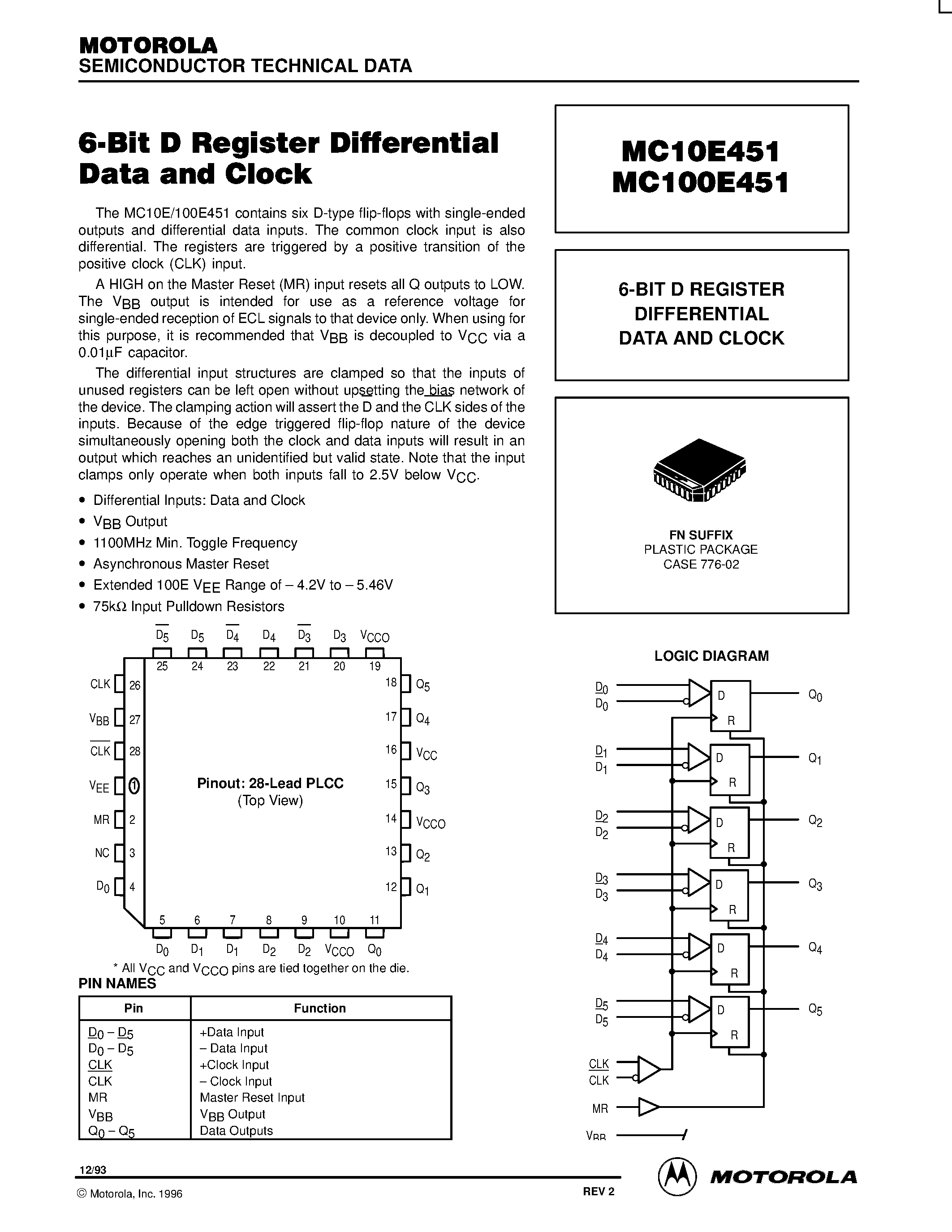 Datasheet MC100E451FN - 6-BIT D REGISTER DIFFERENTIAL DATA AND CLOCK page 1