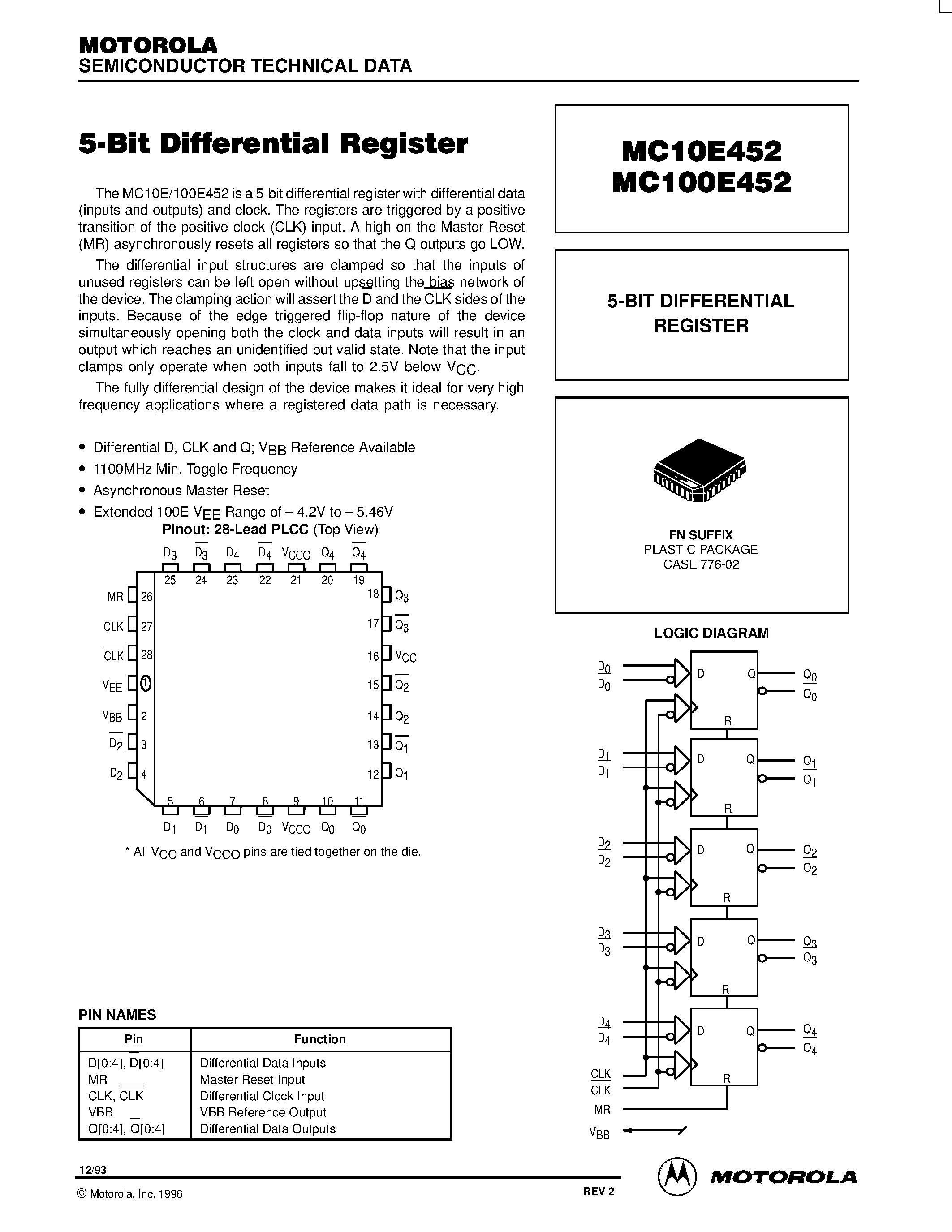 Datasheet MC100E452FN - 5-BIT DIFFERENTIAL REGISTER page 1