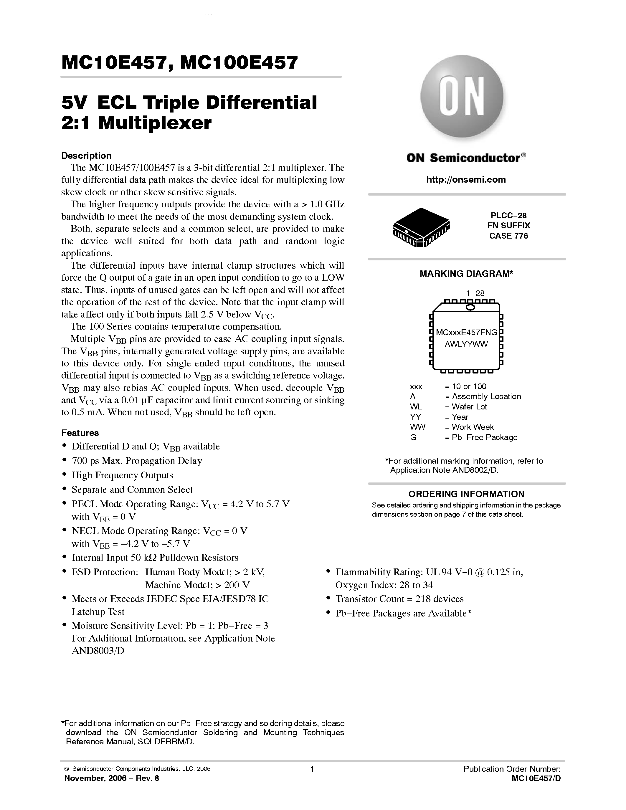 Datasheet MC100E457 - TRIPLE DIFFERENTIAL 2:1 MULTIPLEXER page 1