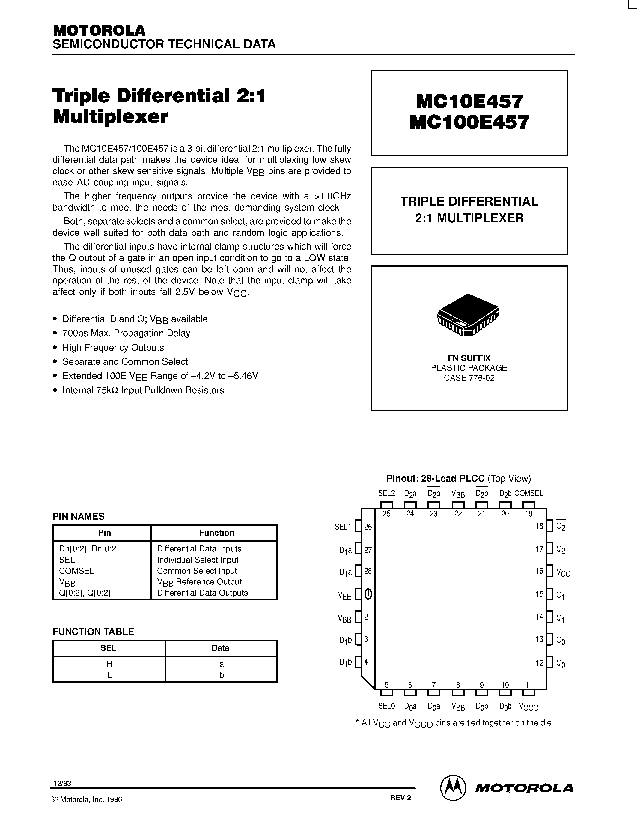 Datasheet MC100E457FN - TRIPLE DIFFERENTIAL 2:1 MULTIPLEXER page 1