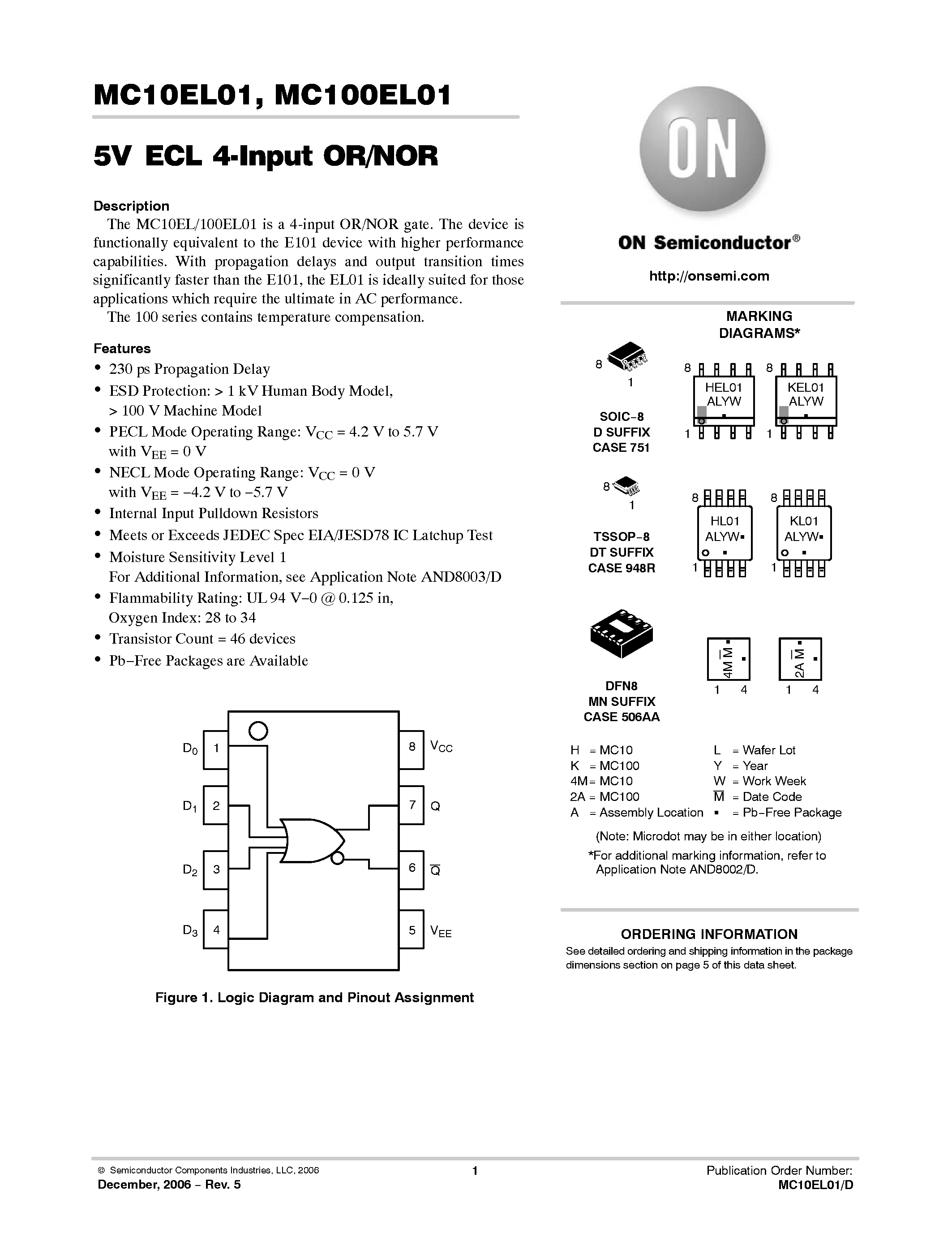 Datasheet MC100EL01 - 4-Input OR/NOR page 1