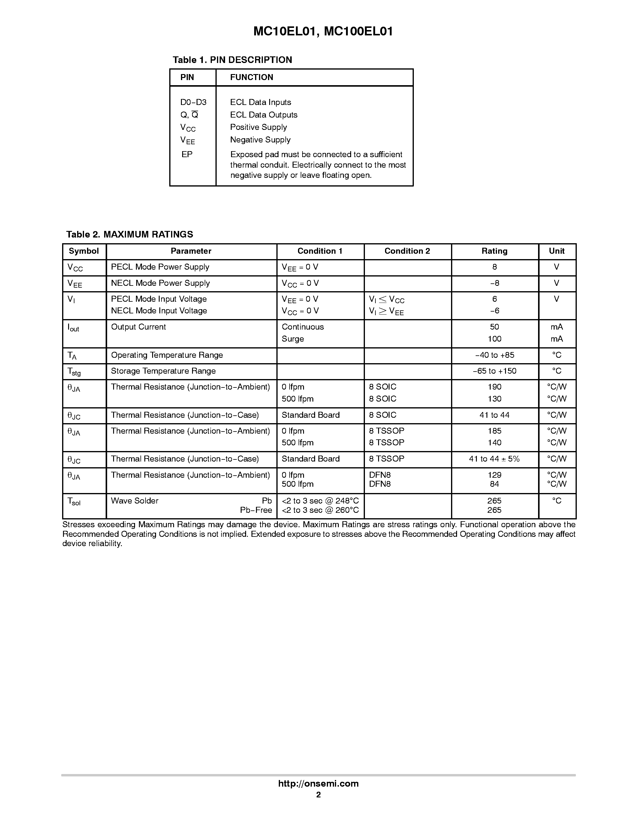 Datasheet MC100EL01 - 4-Input OR/NOR page 2