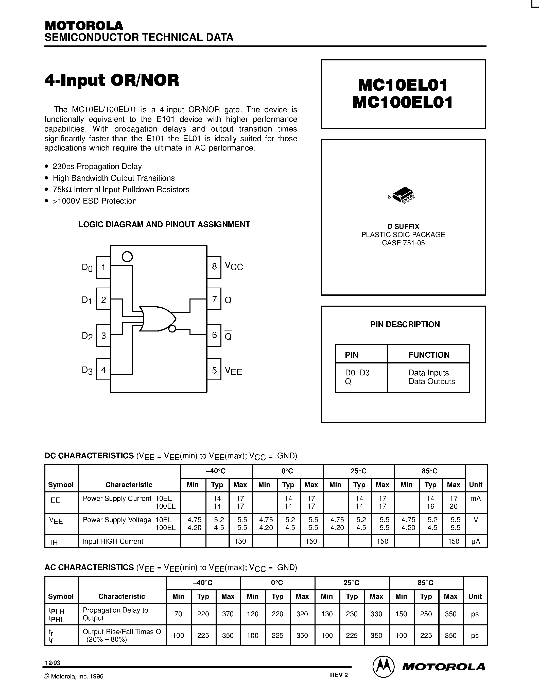 Datasheet MC100EL01D - 4-input OR/NOR page 1