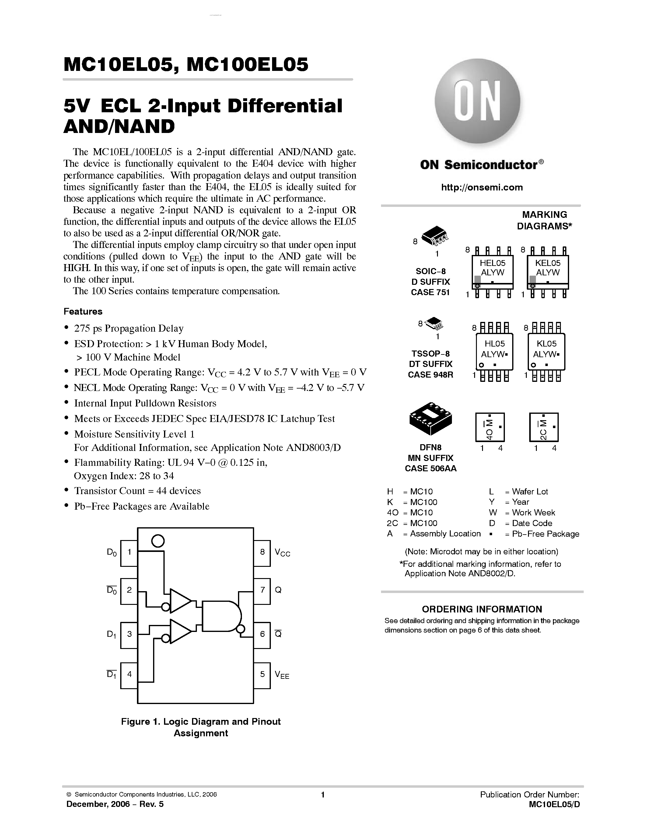 Datasheet MC100EL05 - 2-Input Differential AND/NAND page 1