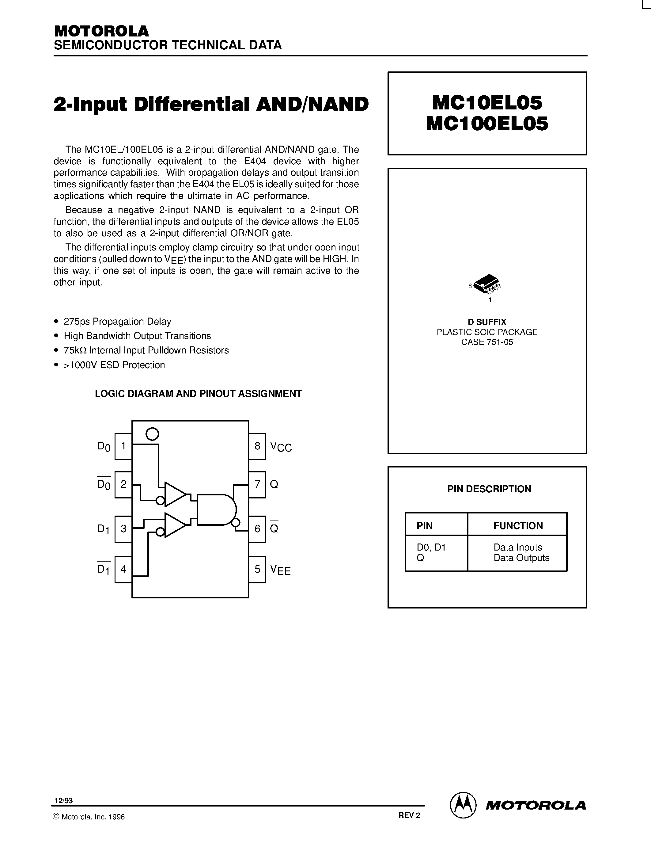 Datasheet MC100EL05D - 2-input differential AND/NAND page 1