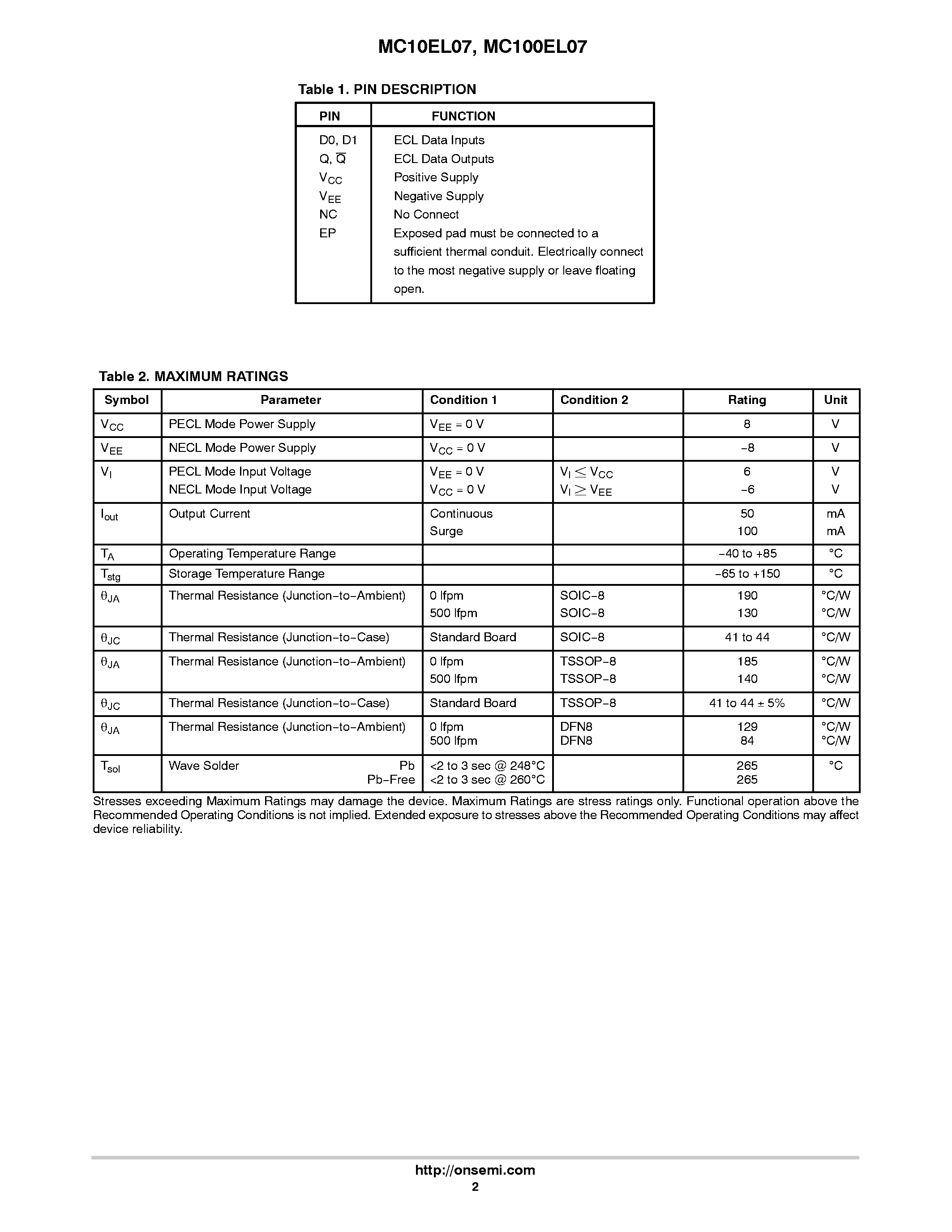 Datasheet MC100EL07 - 2-Input XOR/XNOR page 2