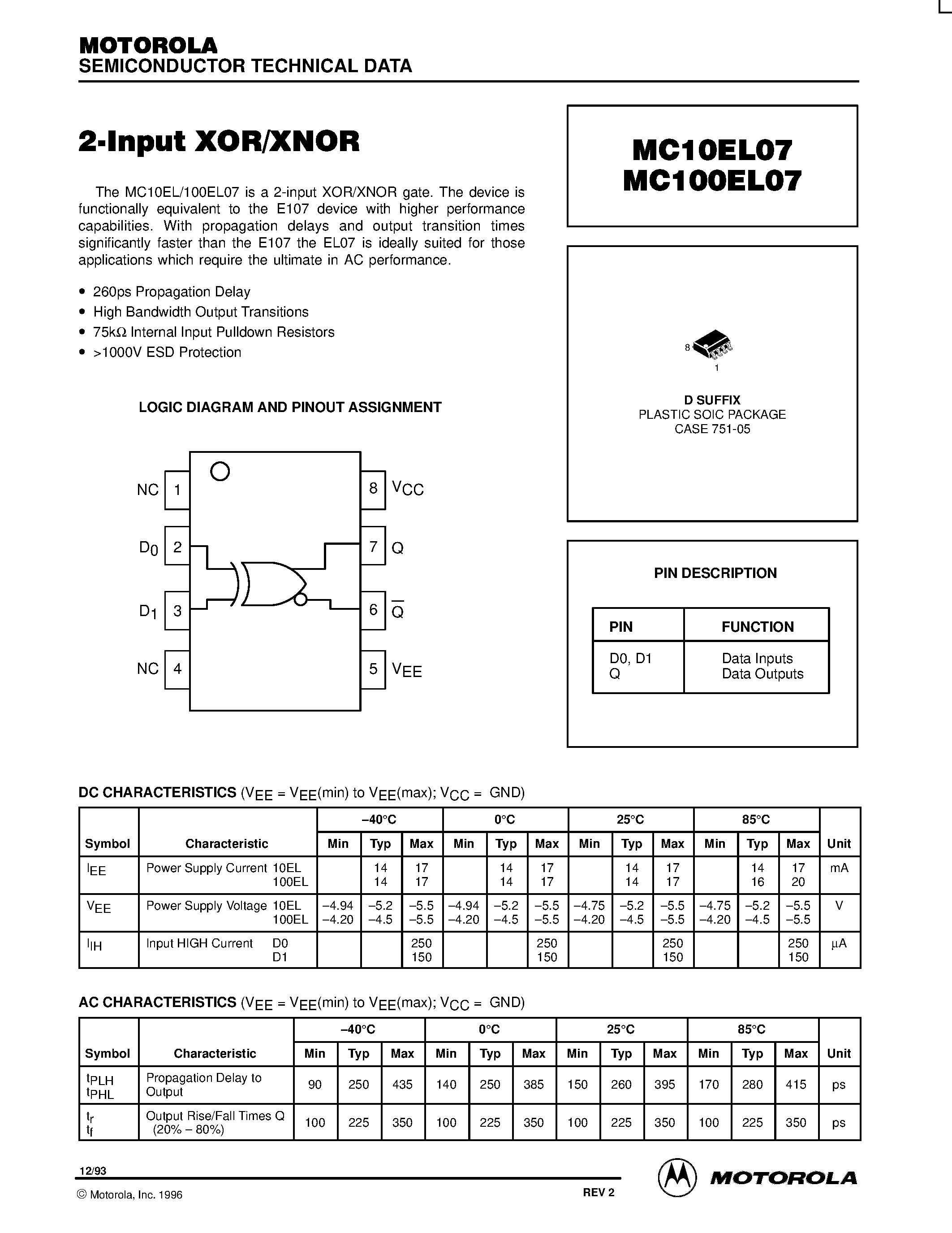 Datasheet MC100EL07D - 2-input XOR/XNOR page 1