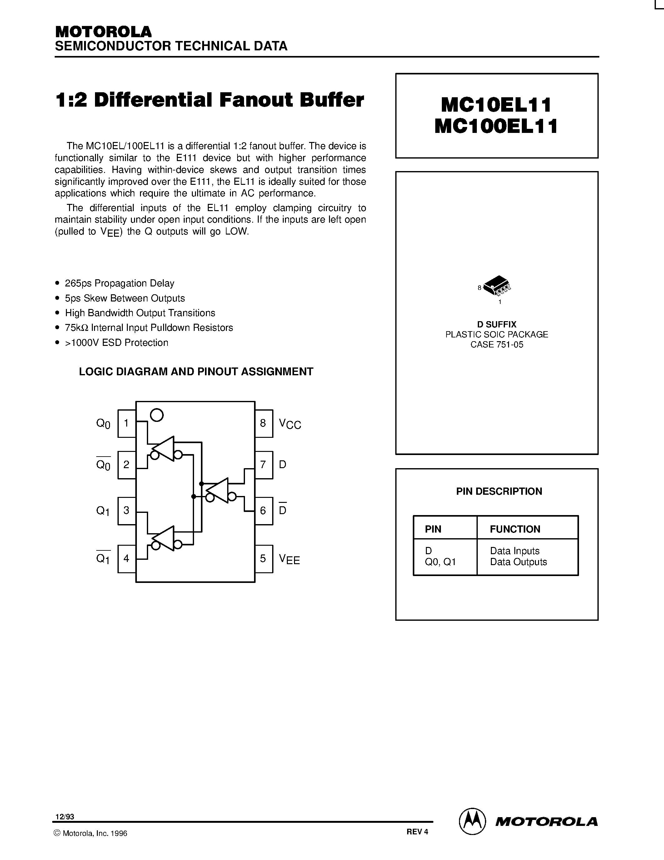 Datasheet MC100EL11 - 1:2 Differential Fanout Buffer page 1