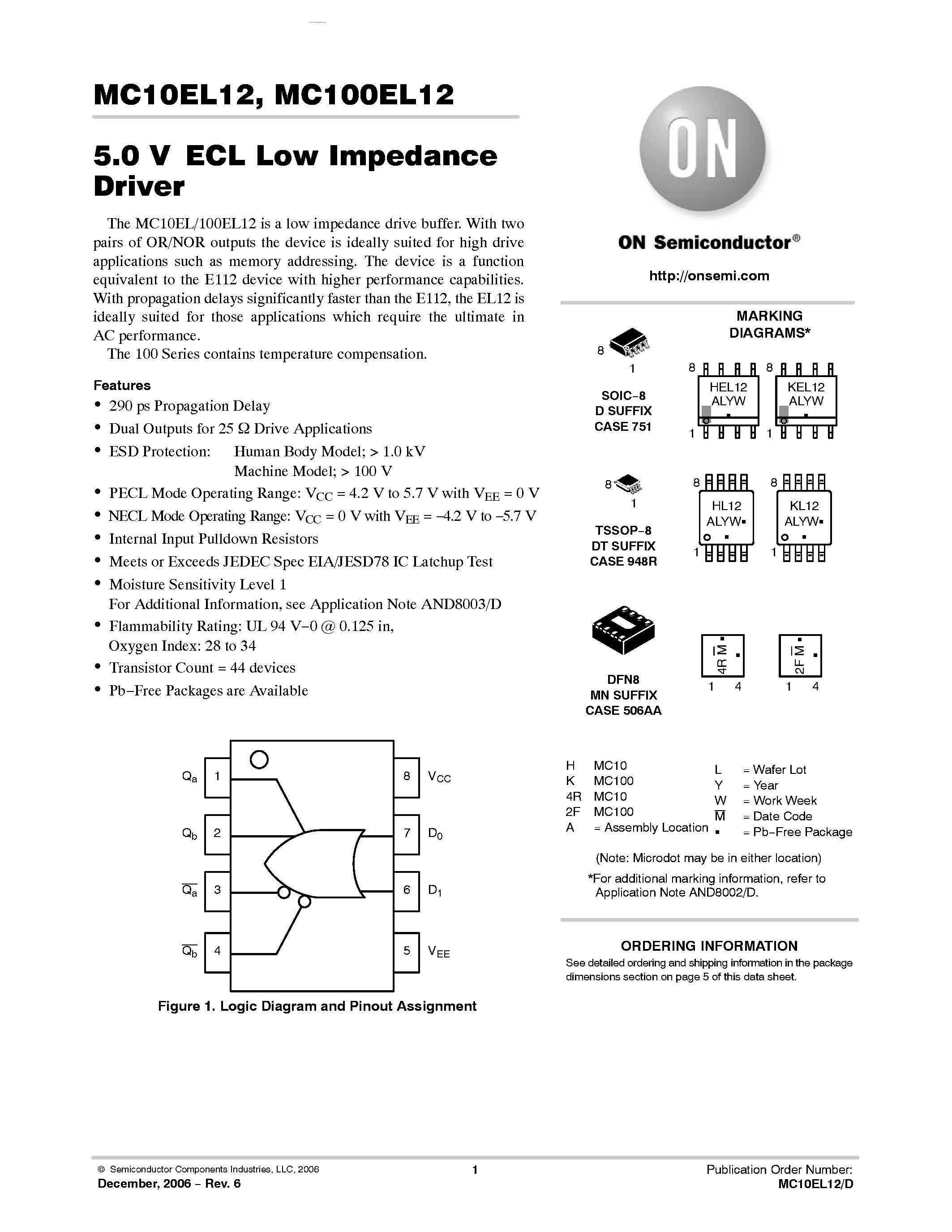 Datasheet MC100EL12 - Low Impedance Driver page 1