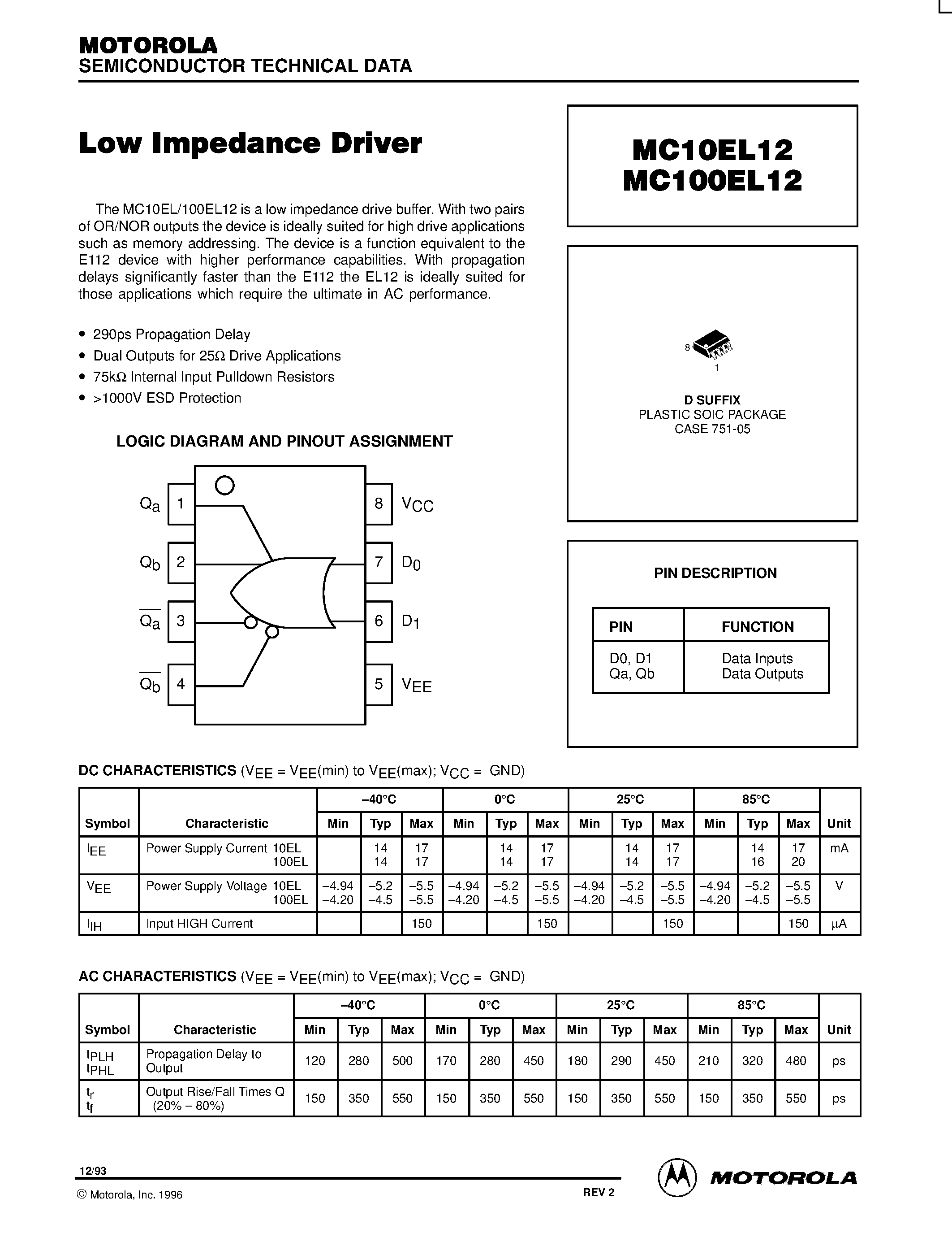 Datasheet MC100EL12D - Low Impedance Drive page 1