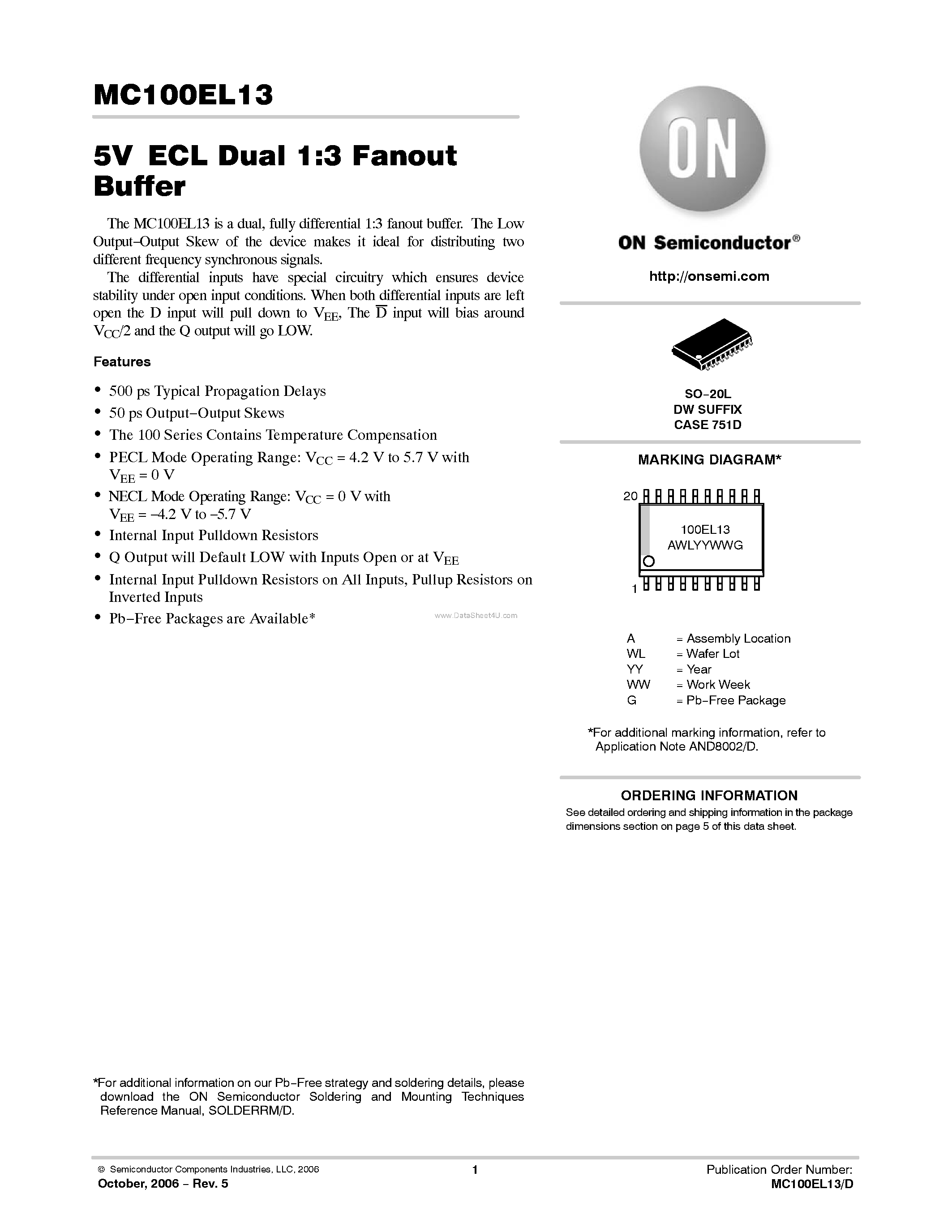 Datasheet MC100EL13 - Dual 1:3 Fanout Buffer page 1