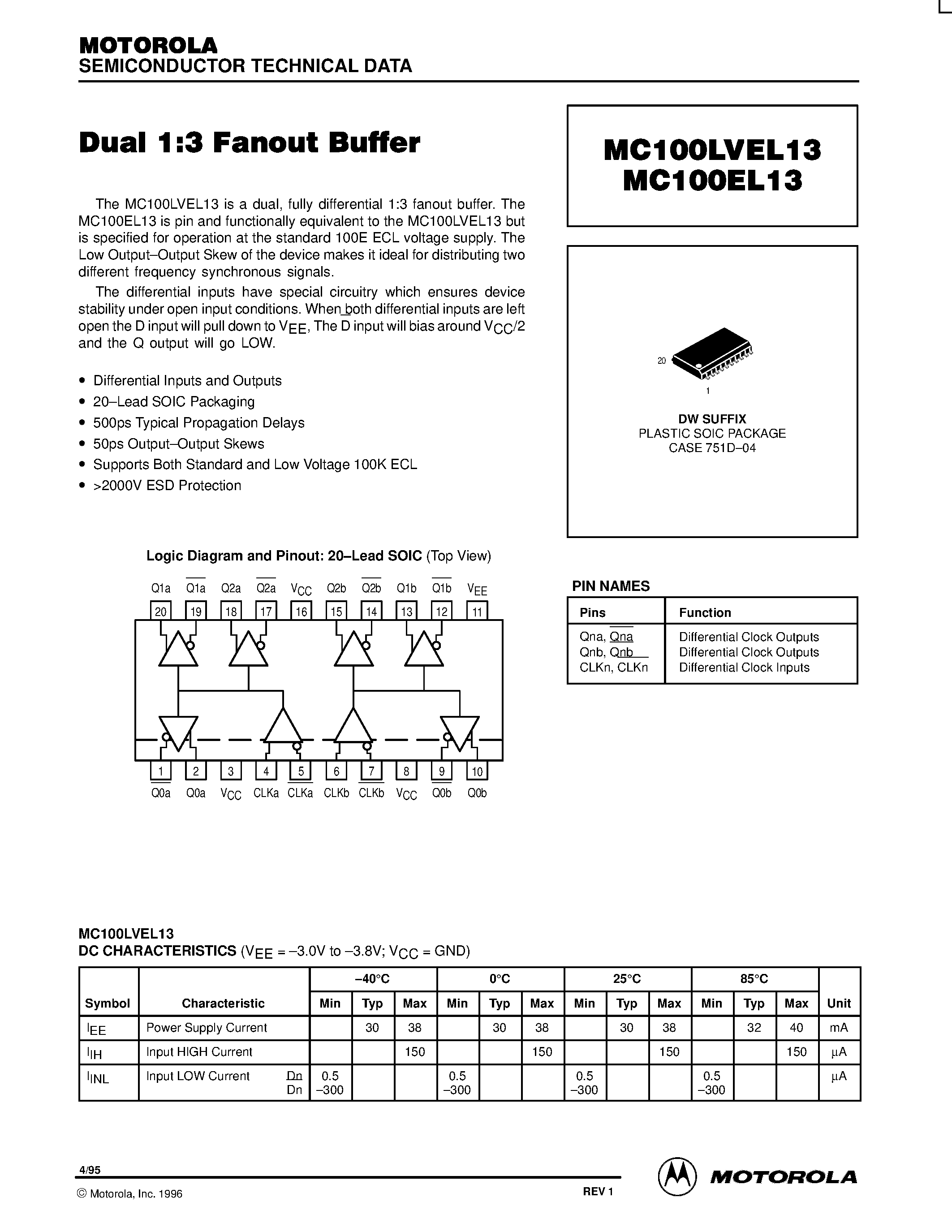 Datasheet MC100EL13DW - Dual 1:3 Fanout Buffer page 1