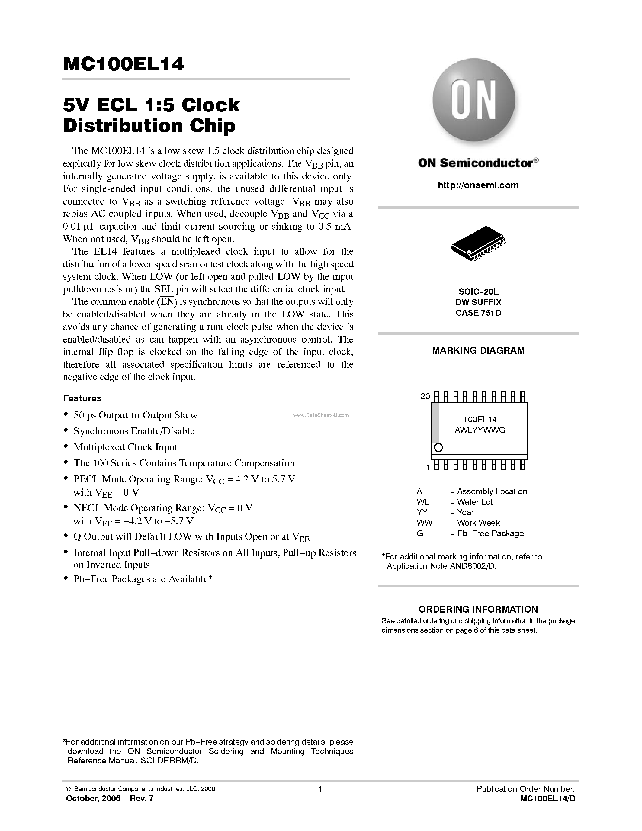 Datasheet MC100EL14 - 1:5 Clock Distribution Chip page 1