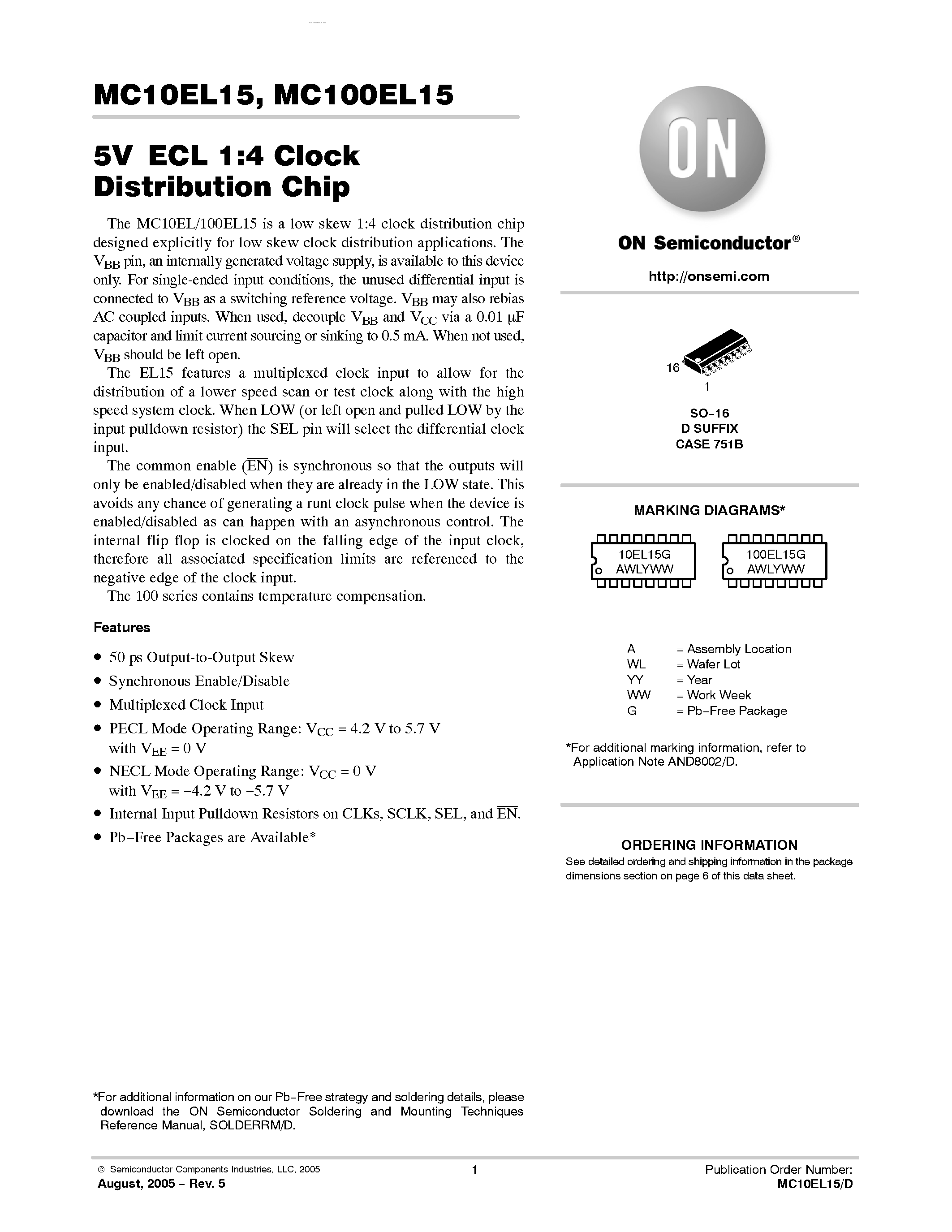 Datasheet MC100EL15 - 1:4 Clock Distribution Chip page 1