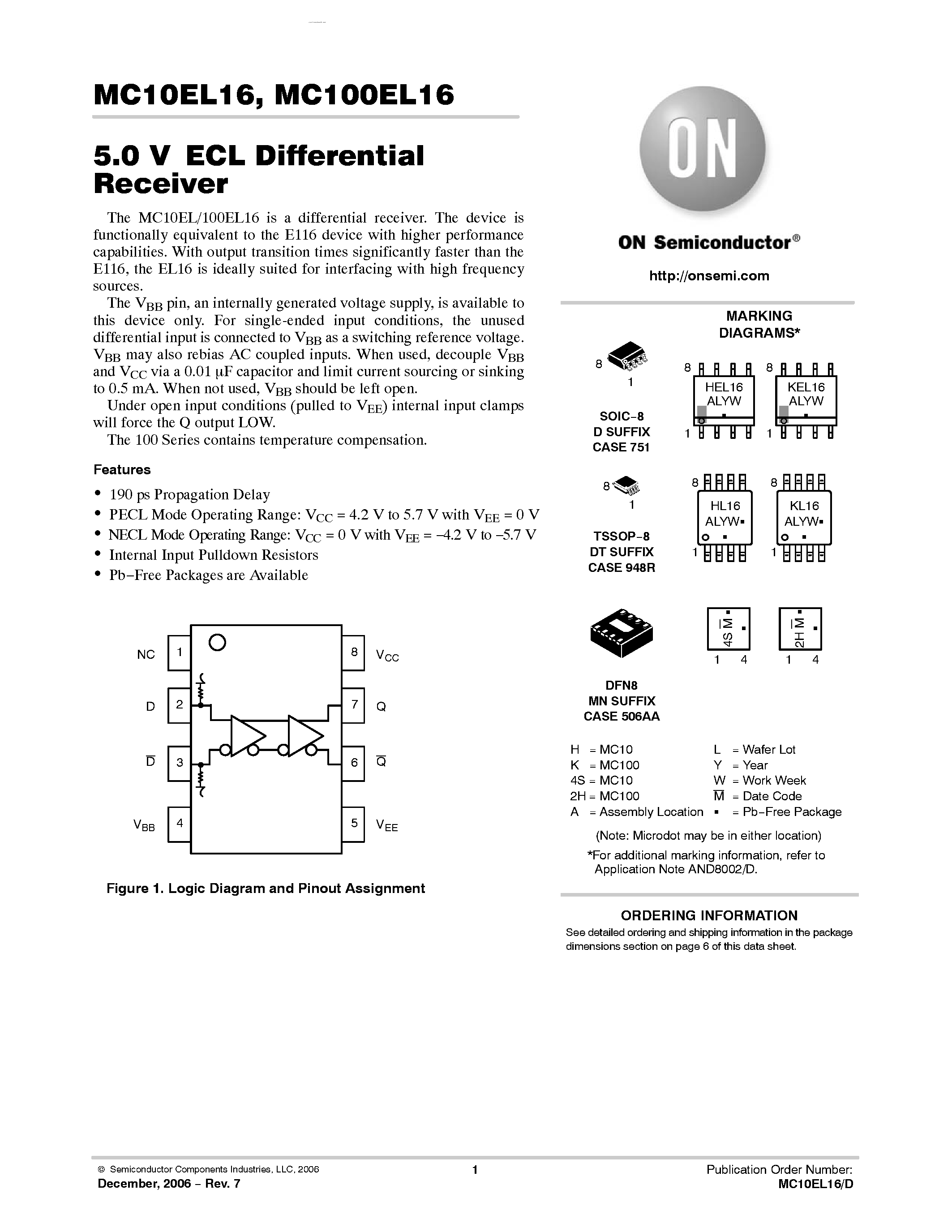 Datasheet MC100EL16 - Differential Receiver page 1