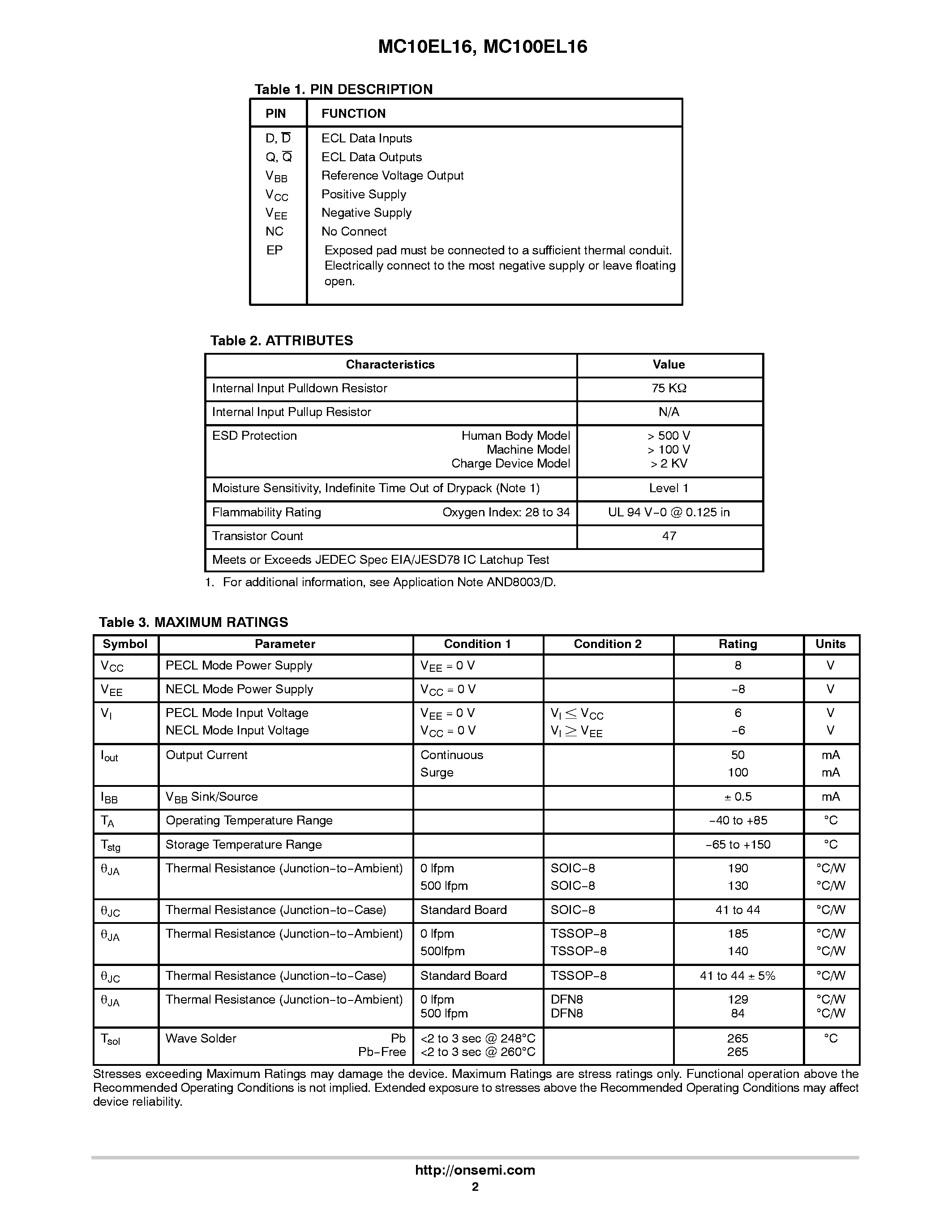 Datasheet MC100EL16 - Differential Receiver page 2