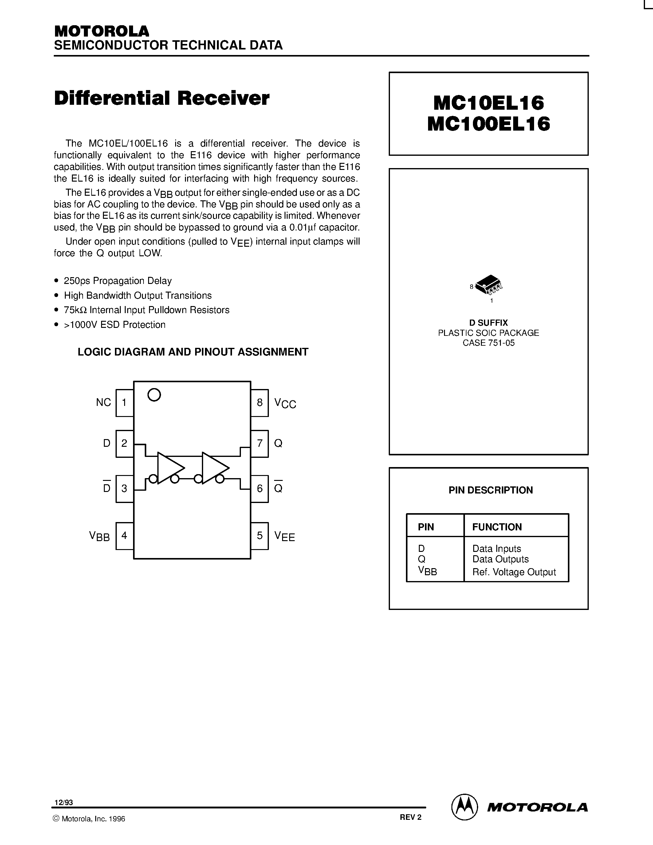 Datasheet MC100EL16D - Differential Receiver page 1