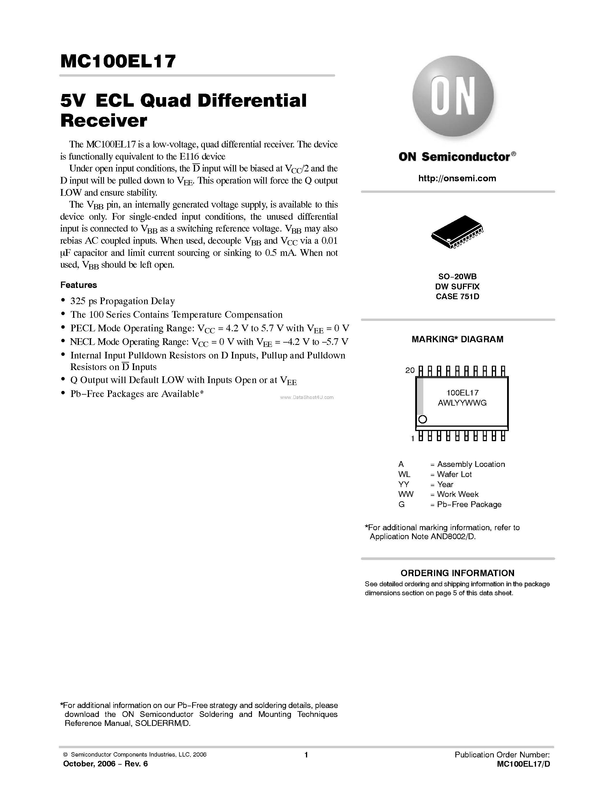 Datasheet MC100EL17 - Low-Voltage Quad Differential Receiver page 1