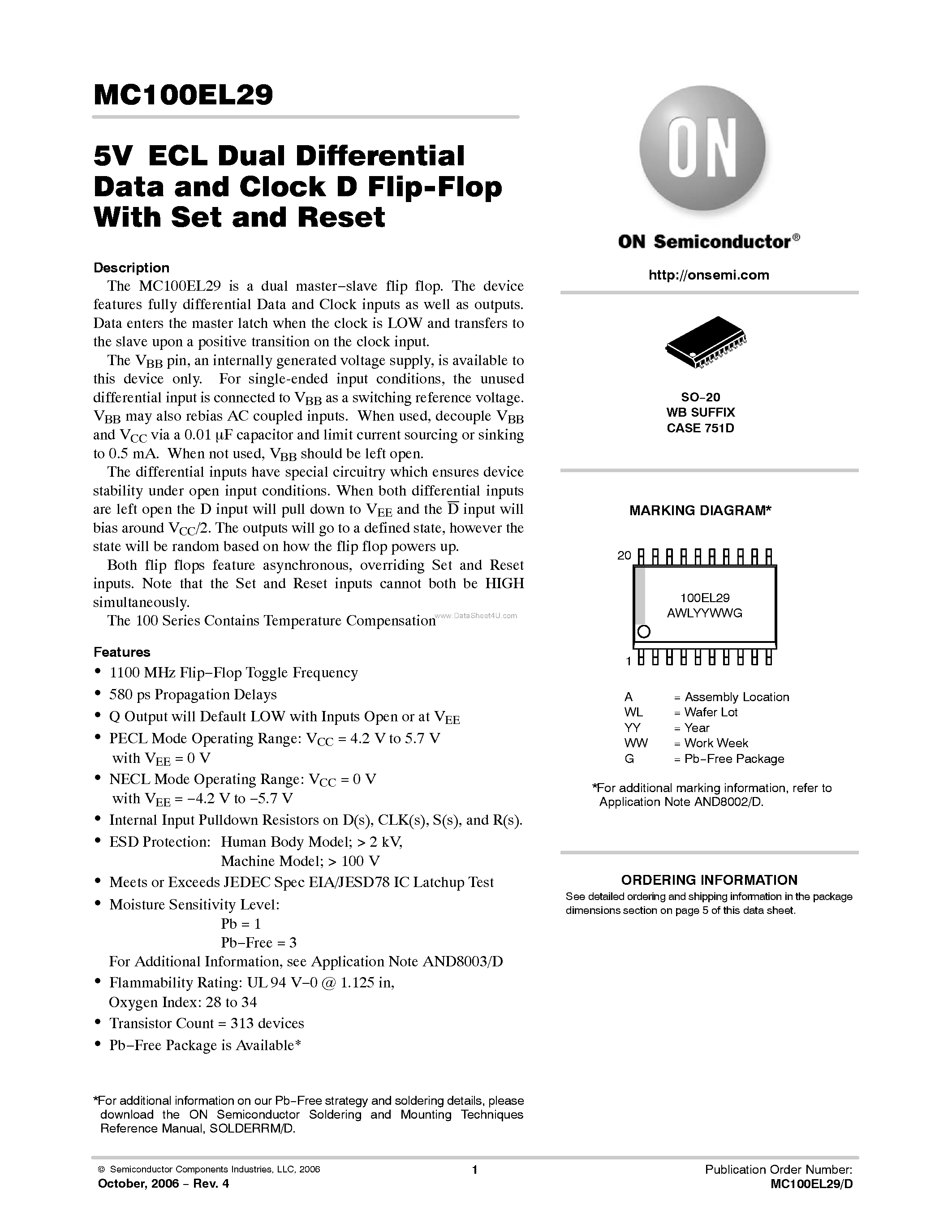 Datasheet MC100EL29 - Dual Differential Data and Clock D Flip-Flop With Set and Reset page 1