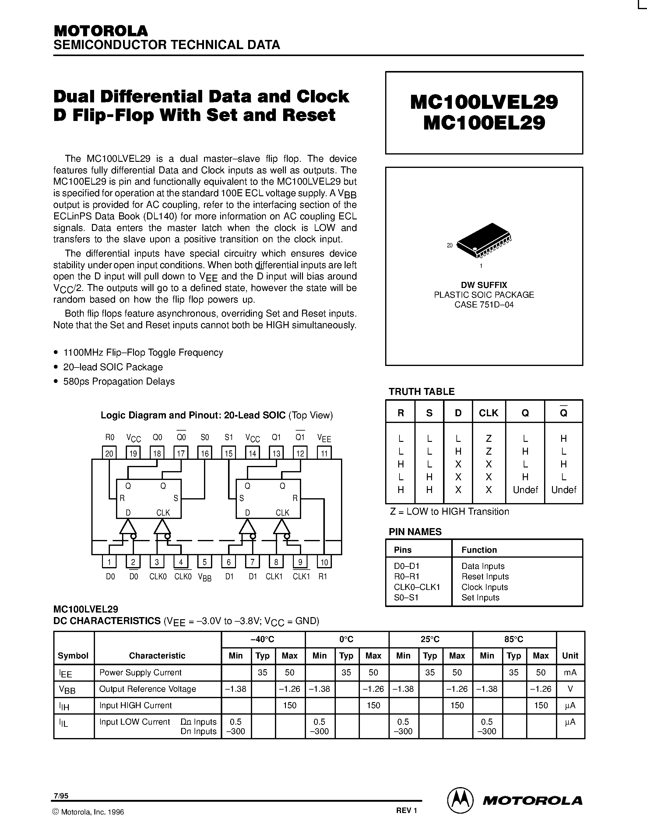 Datasheet MC100EL29DW - Dual Differential Data and Clock D Flip-Flop With Set and Reset page 1