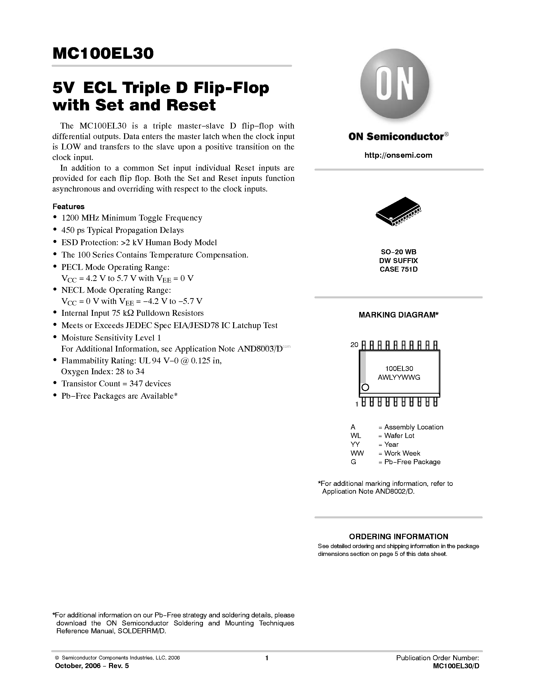 Datasheet MC100EL30 - Triple D Flip-Flop With Set and Reset page 1