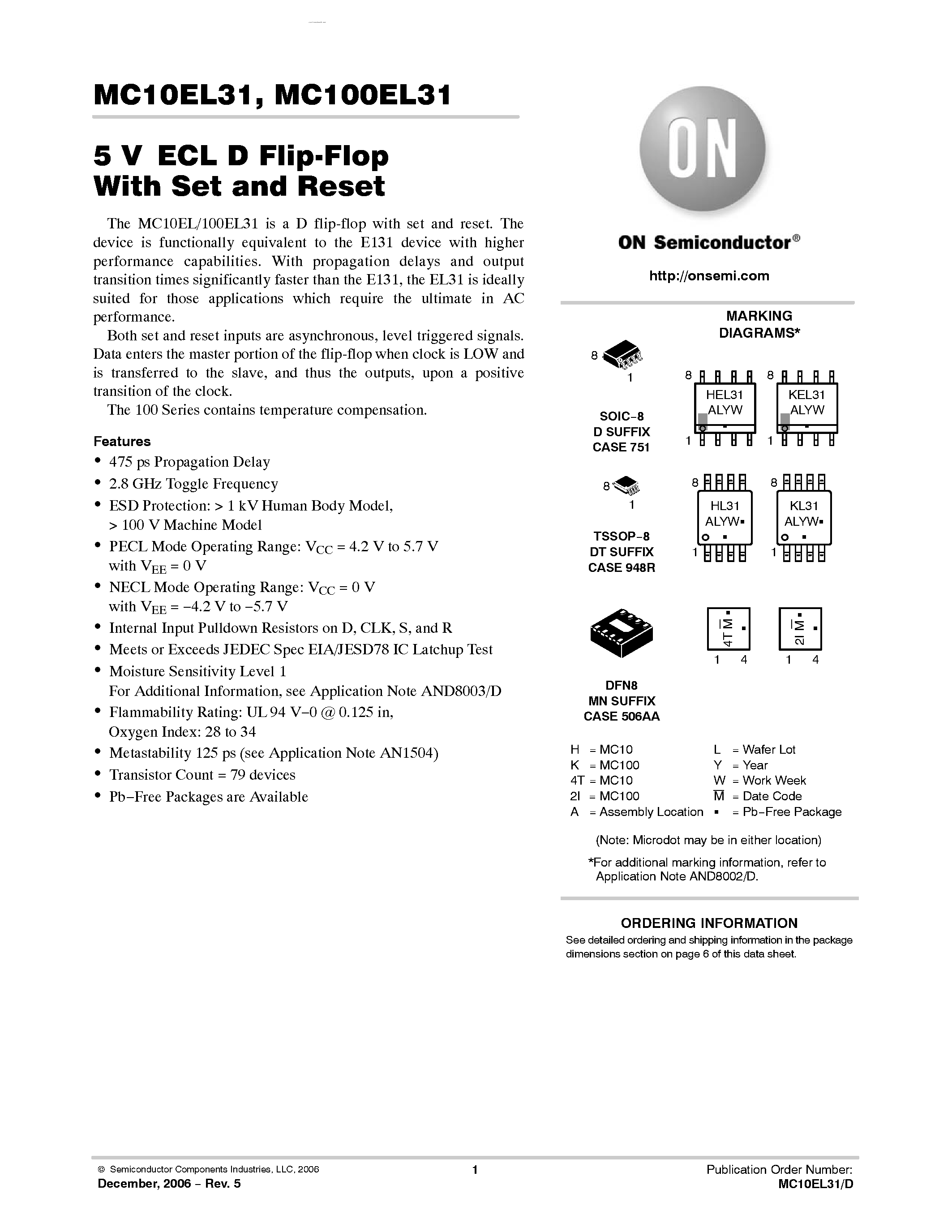 Datasheet MC100EL31 - D Flip-Flop With Set and Reset page 1