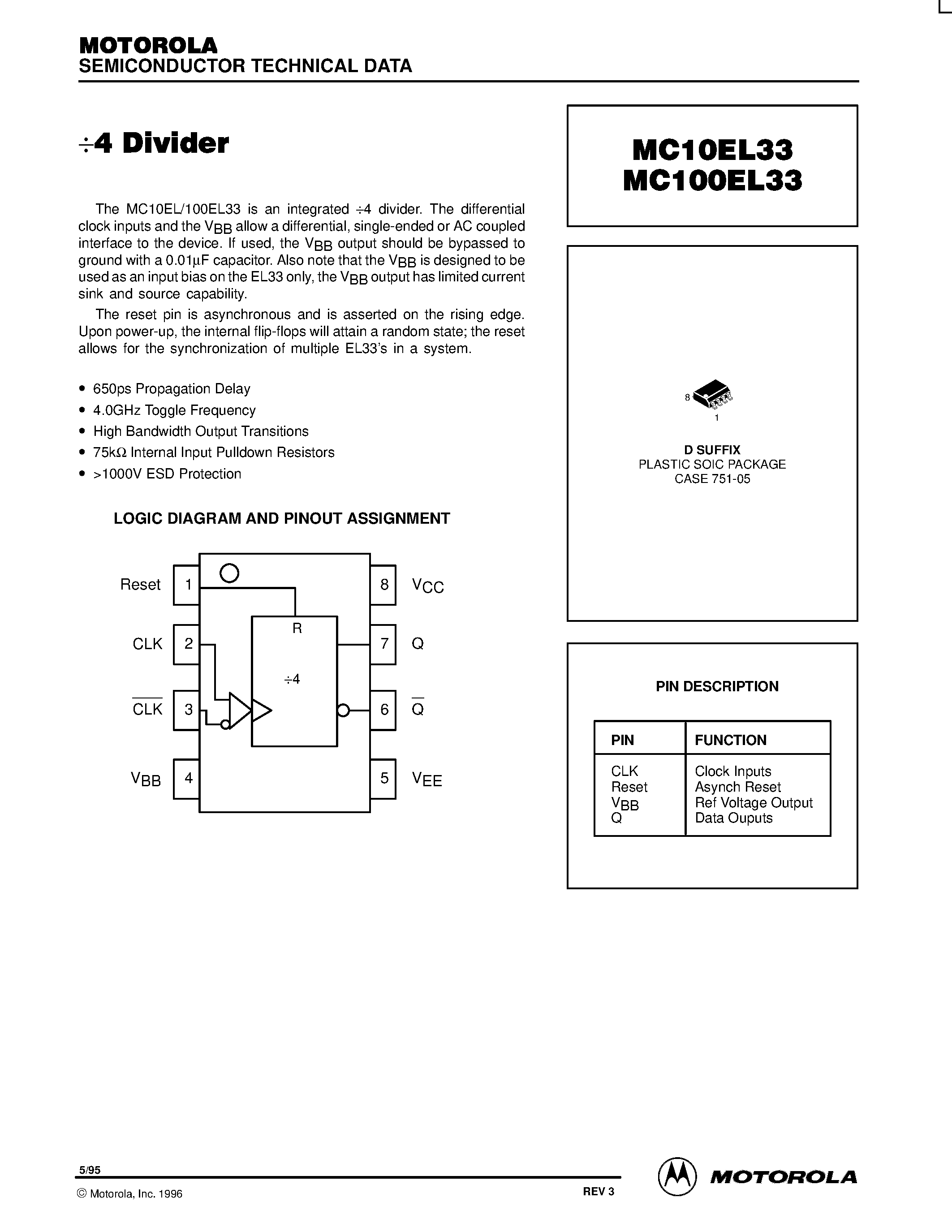 Datasheet MC100EL33D - 4 Divider page 1