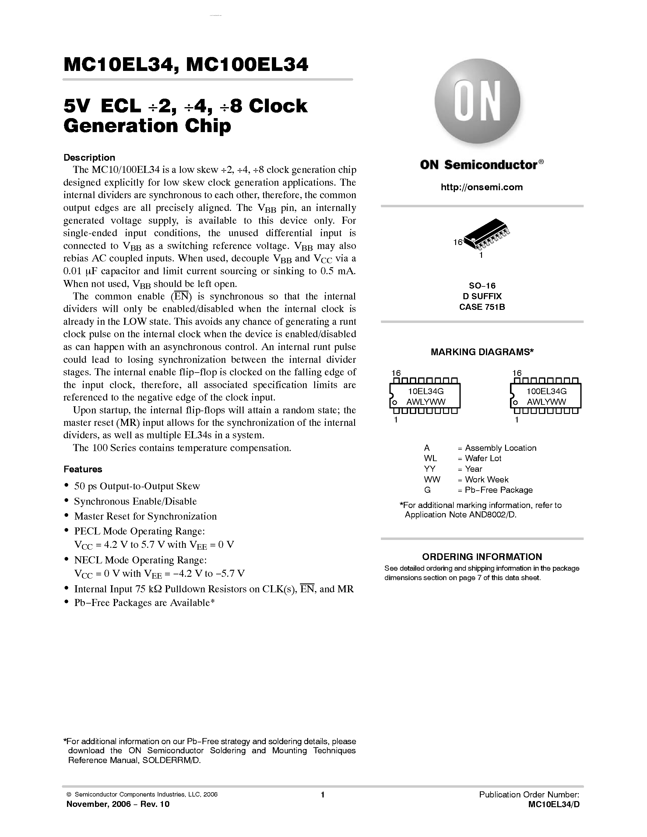 Datasheet MC100EL34 - 2 /4 /8 Clock Generation Chip page 1