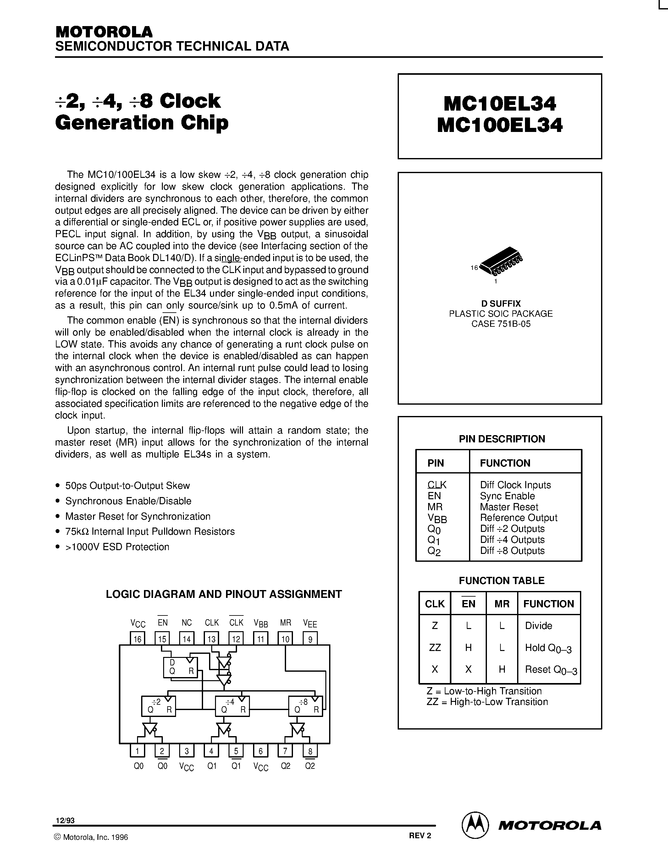 Datasheet MC100EL34D - 2 / 4 / 8 Clock Generation Chip page 1