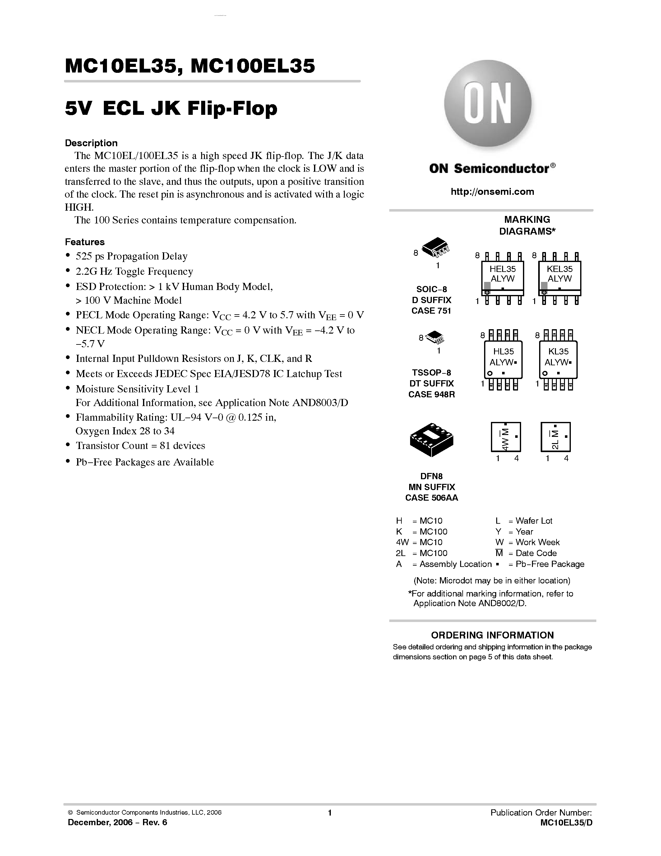 Datasheet MC100EL35 - JK Flip-Flop page 1