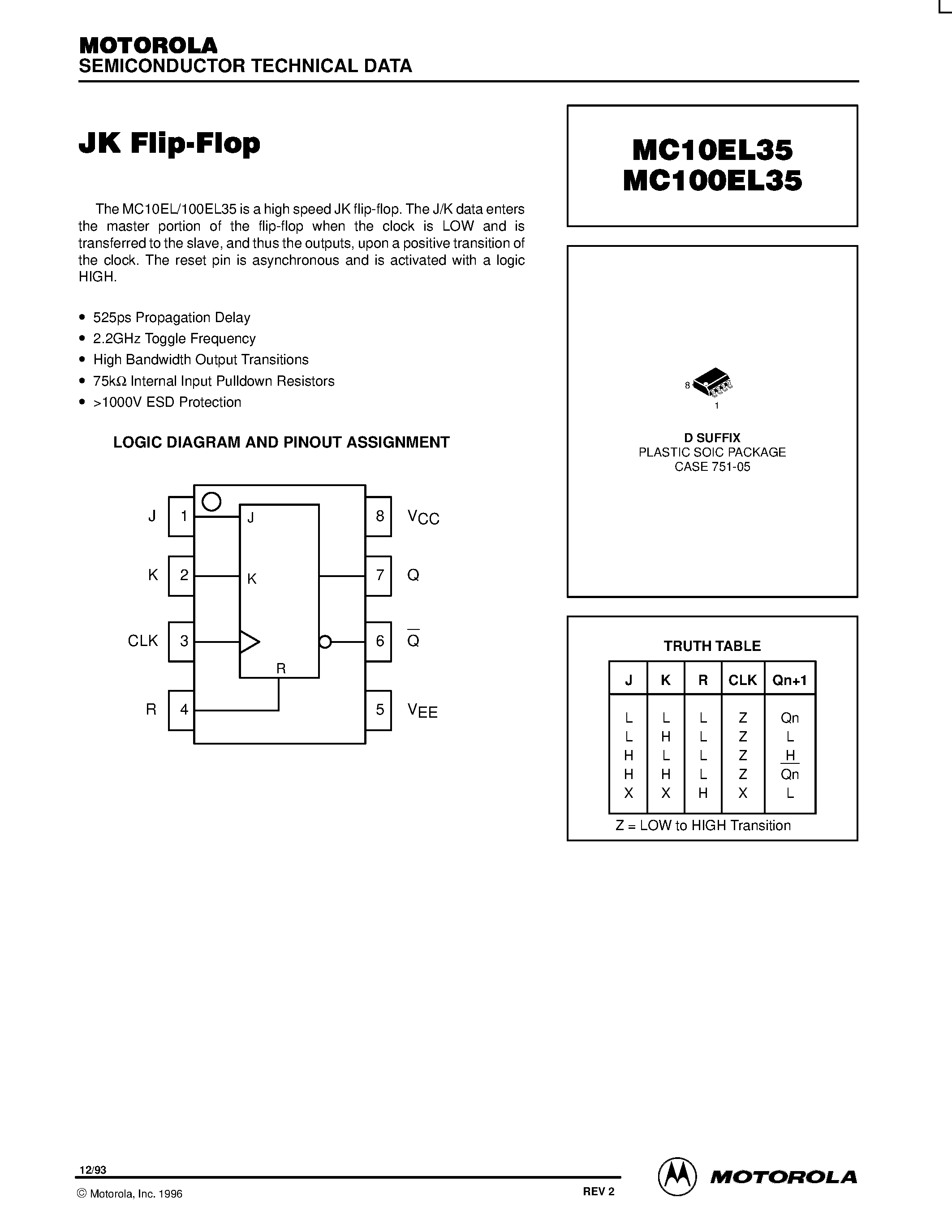 Datasheet MC100EL35D - JK Flip-Flop. page 1