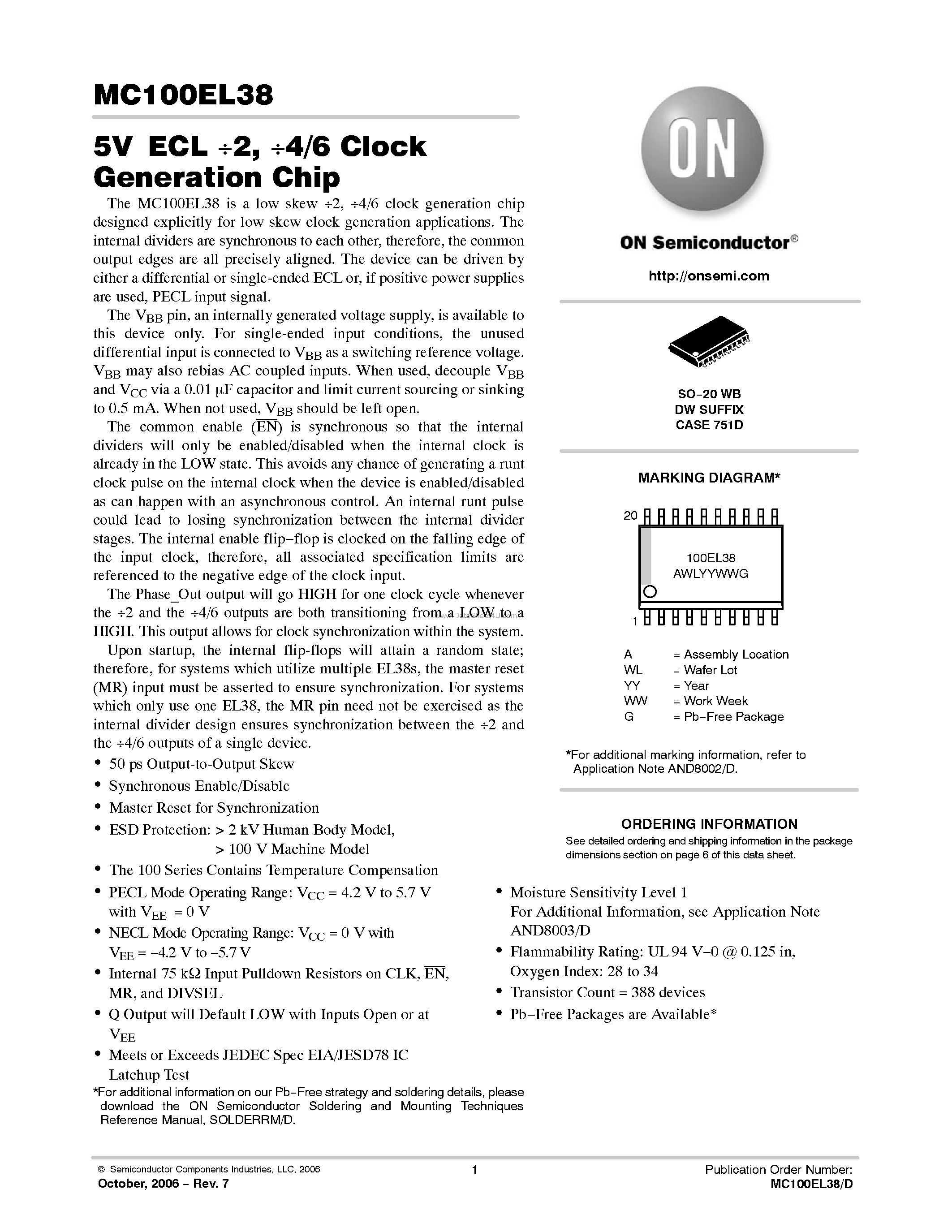 Datasheet MC100EL38 - 2 / 4/6 Clock Generation Chip page 1