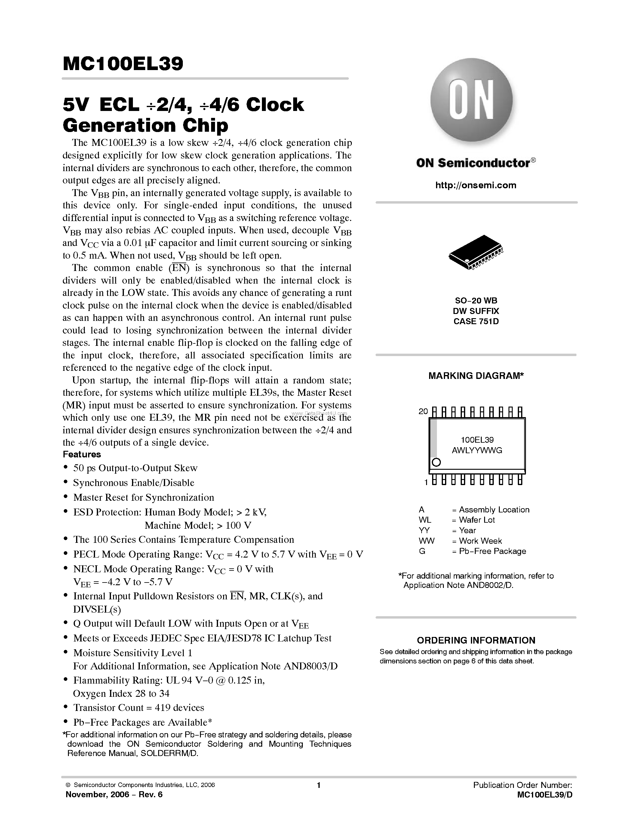 Datasheet MC100EL39 - 2/4 / 4/6 Clock Generation Chip page 1