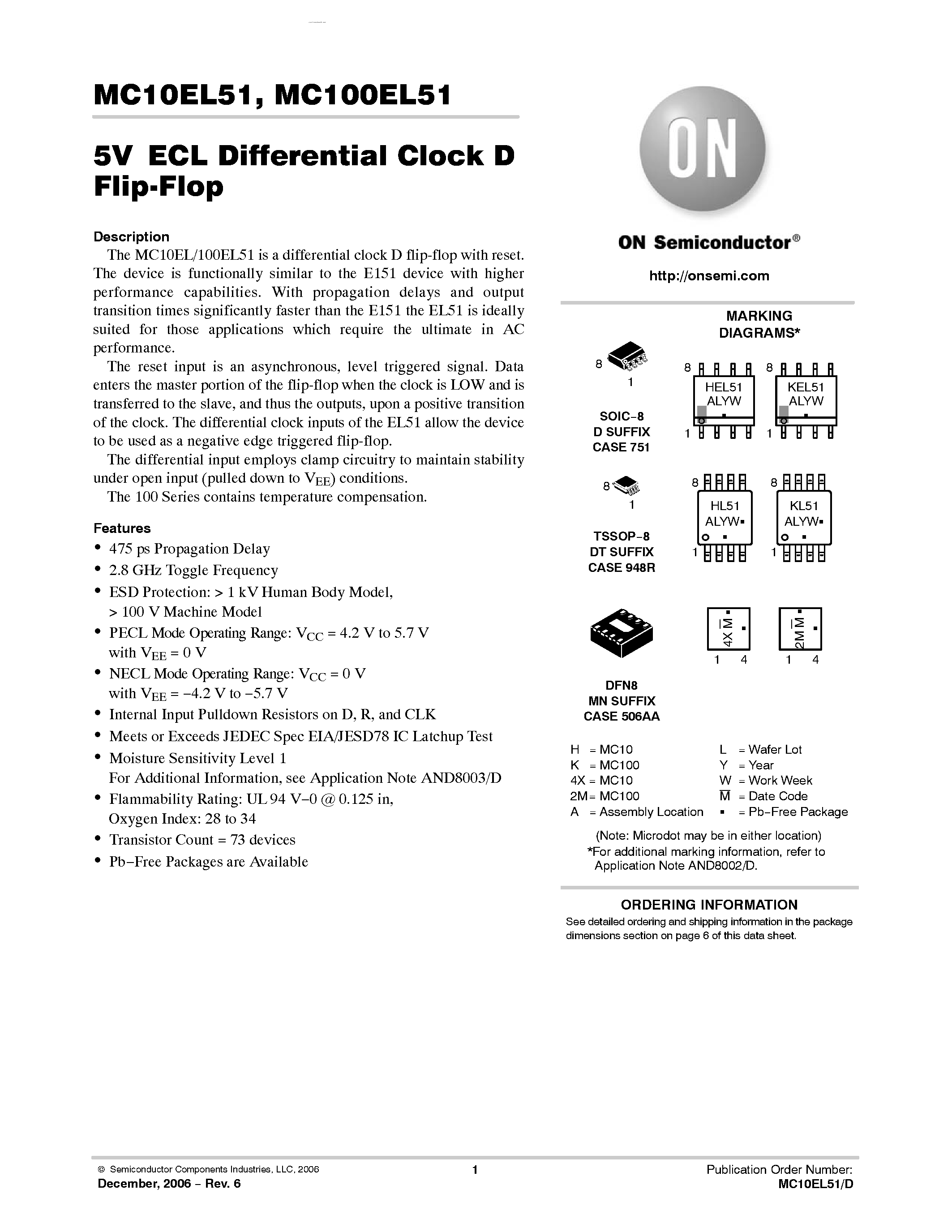 Datasheet MC100EL51 - Differential Clock D Flip-Flop page 1