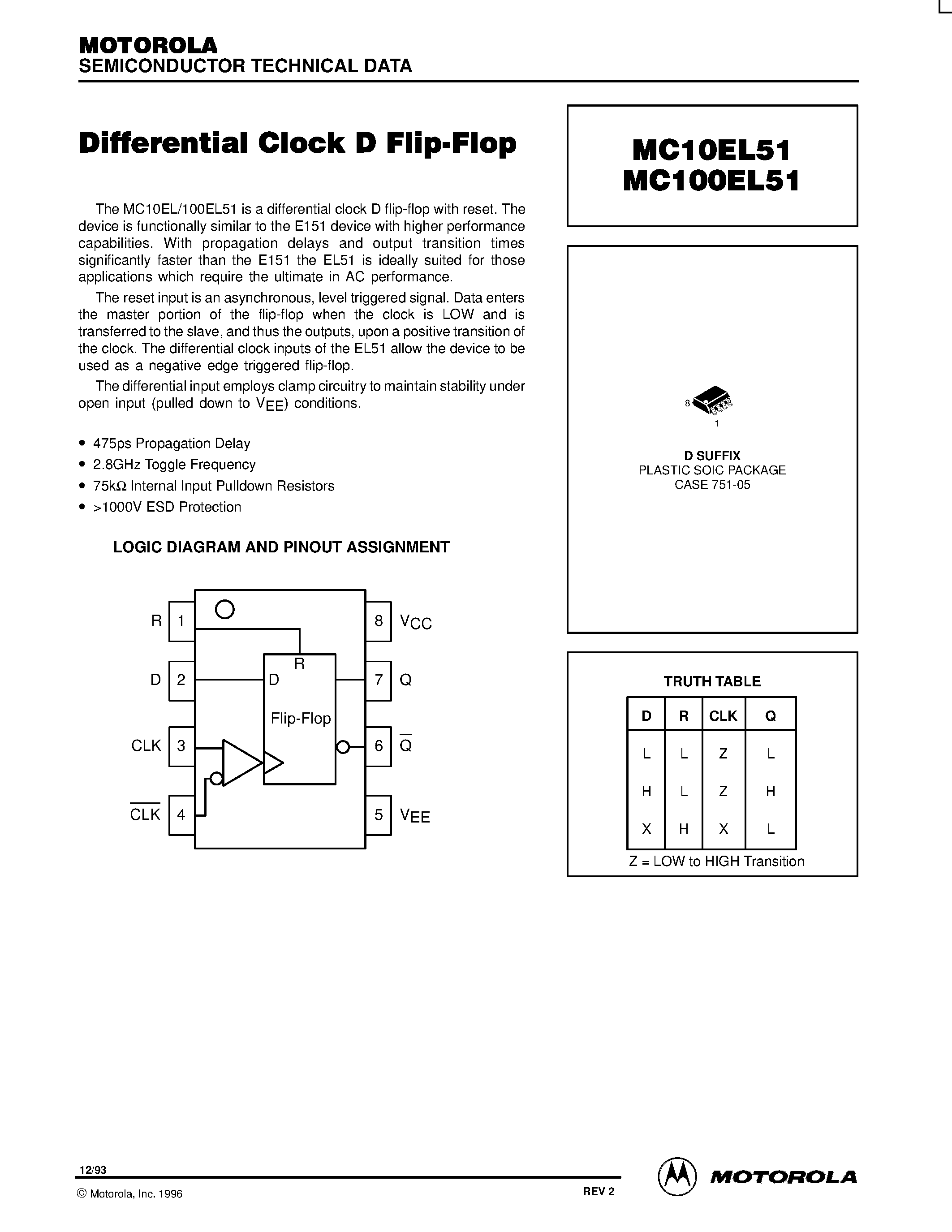 Datasheet MC100EL51D - Differential Clock D Flip-Flop page 1